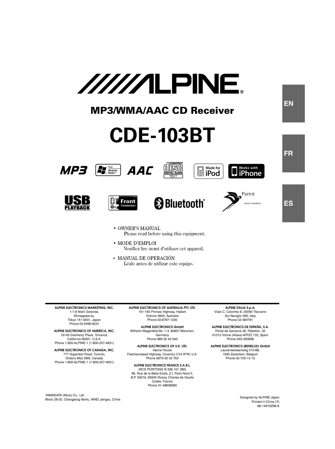 Alpine 68-14470Z98-A owner manual CDE-103BT 