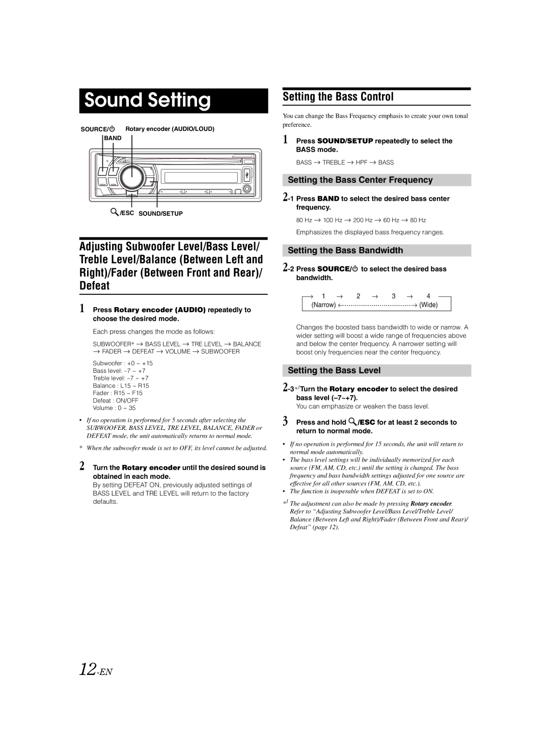 Alpine 68-14470Z98-A owner manual Sound Setting, Defeat, Setting the Bass Control 