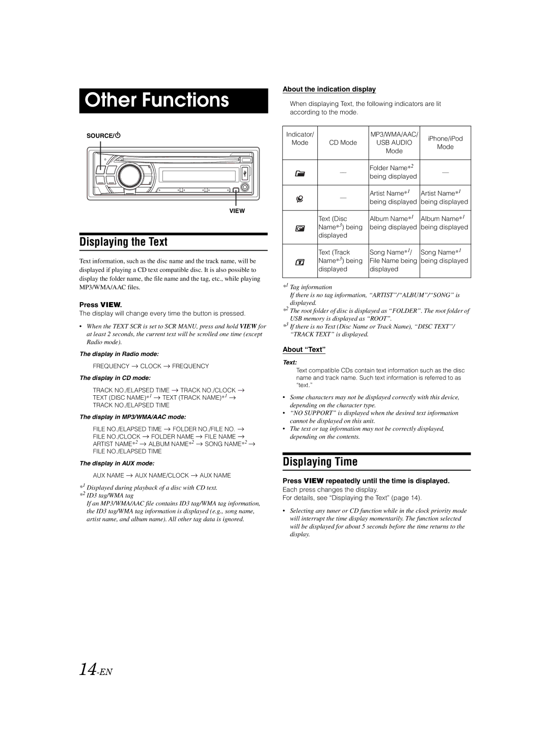 Alpine 68-14470Z98-A owner manual Other Functions, Displaying the Text, Displaying Time 