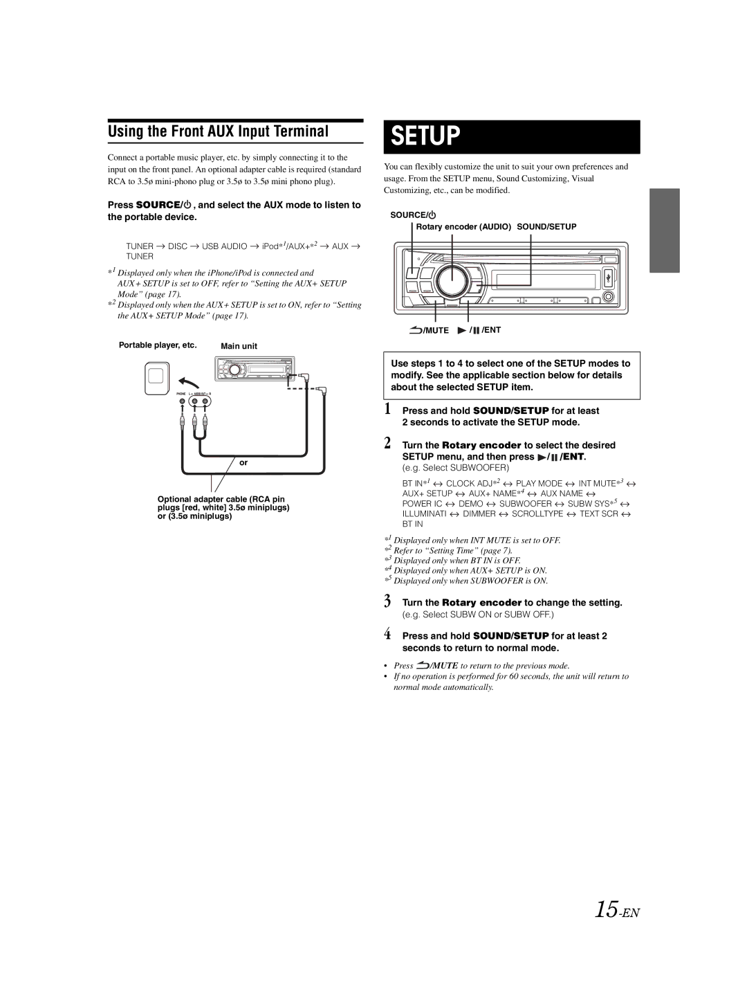 Alpine 68-14470Z98-A Using the Front AUX Input Terminal, Turn the Rotary encoder to change the setting, Select Subwoofer 