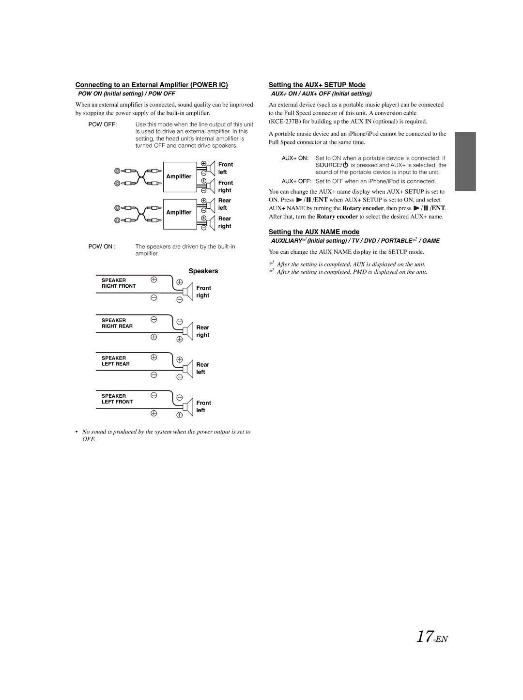 Alpine 68-14470Z98-A owner manual Connecting to an External Amplifier Power IC, Speakers, Setting the AUX+ Setup Mode 