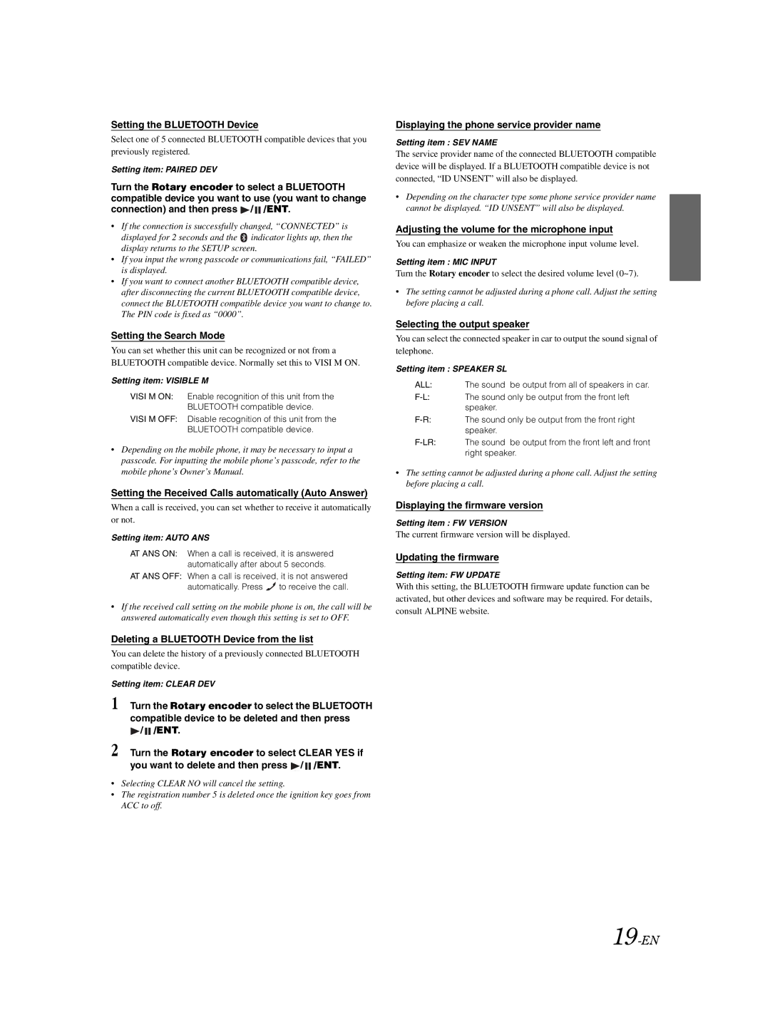 Alpine 68-14470Z98-A Setting the Bluetooth Device, Setting the Search Mode, Deleting a Bluetooth Device from the list 