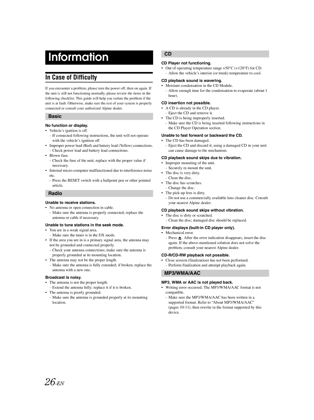 Alpine 68-14470Z98-A owner manual Information, Case of Difficulty, Basic, Radio 