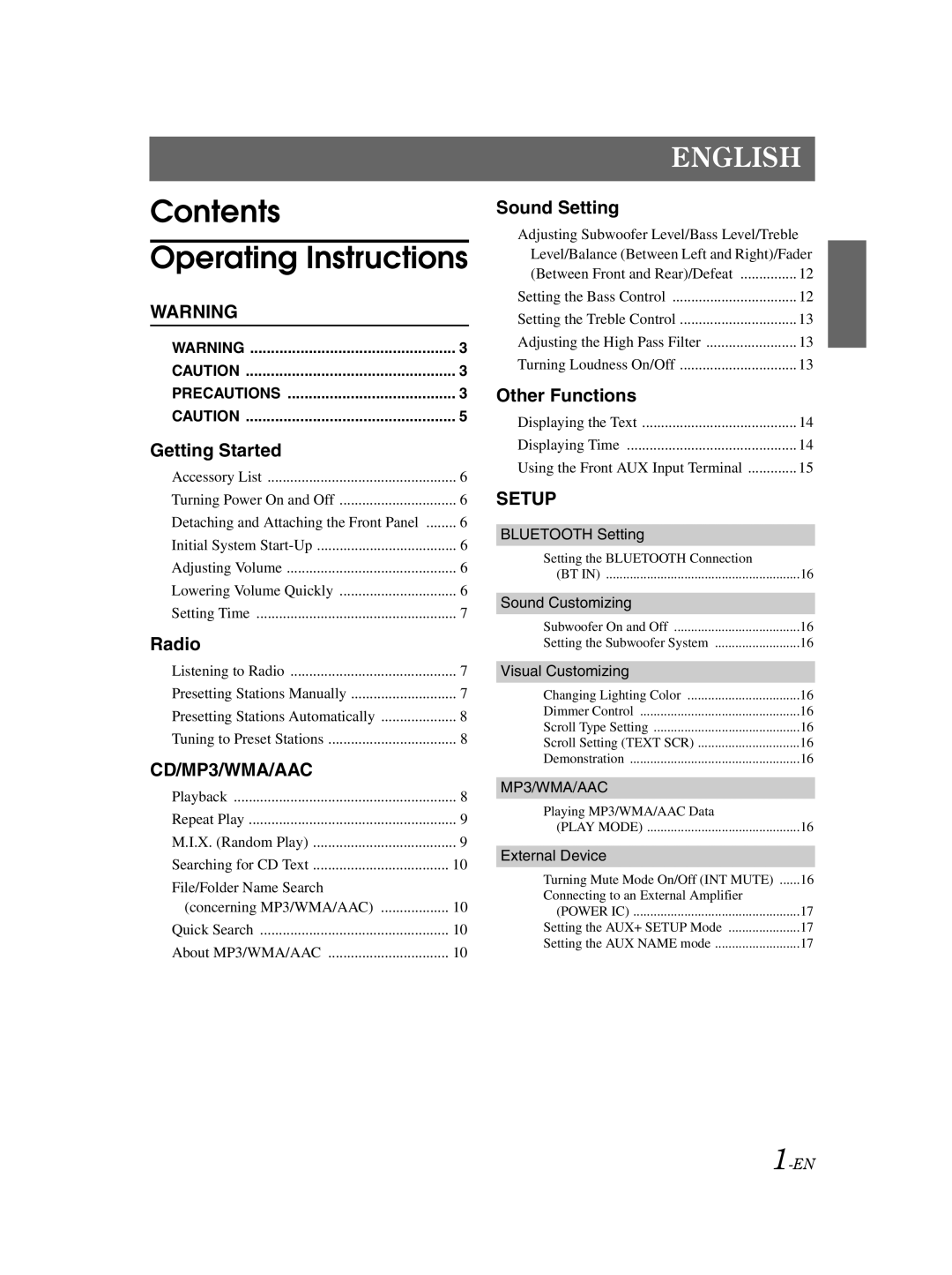 Alpine 68-14470Z98-A owner manual Contents Operating Instructions 