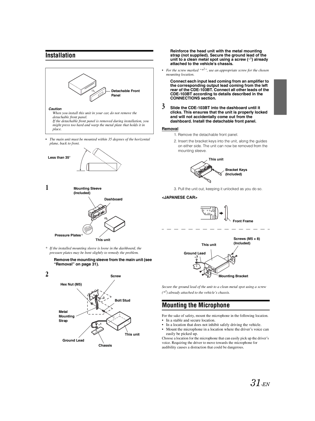 Alpine 68-14470Z98-A Installation, Mounting the Microphone, Removal, Pull the unit out, keeping it unlocked as you do so 