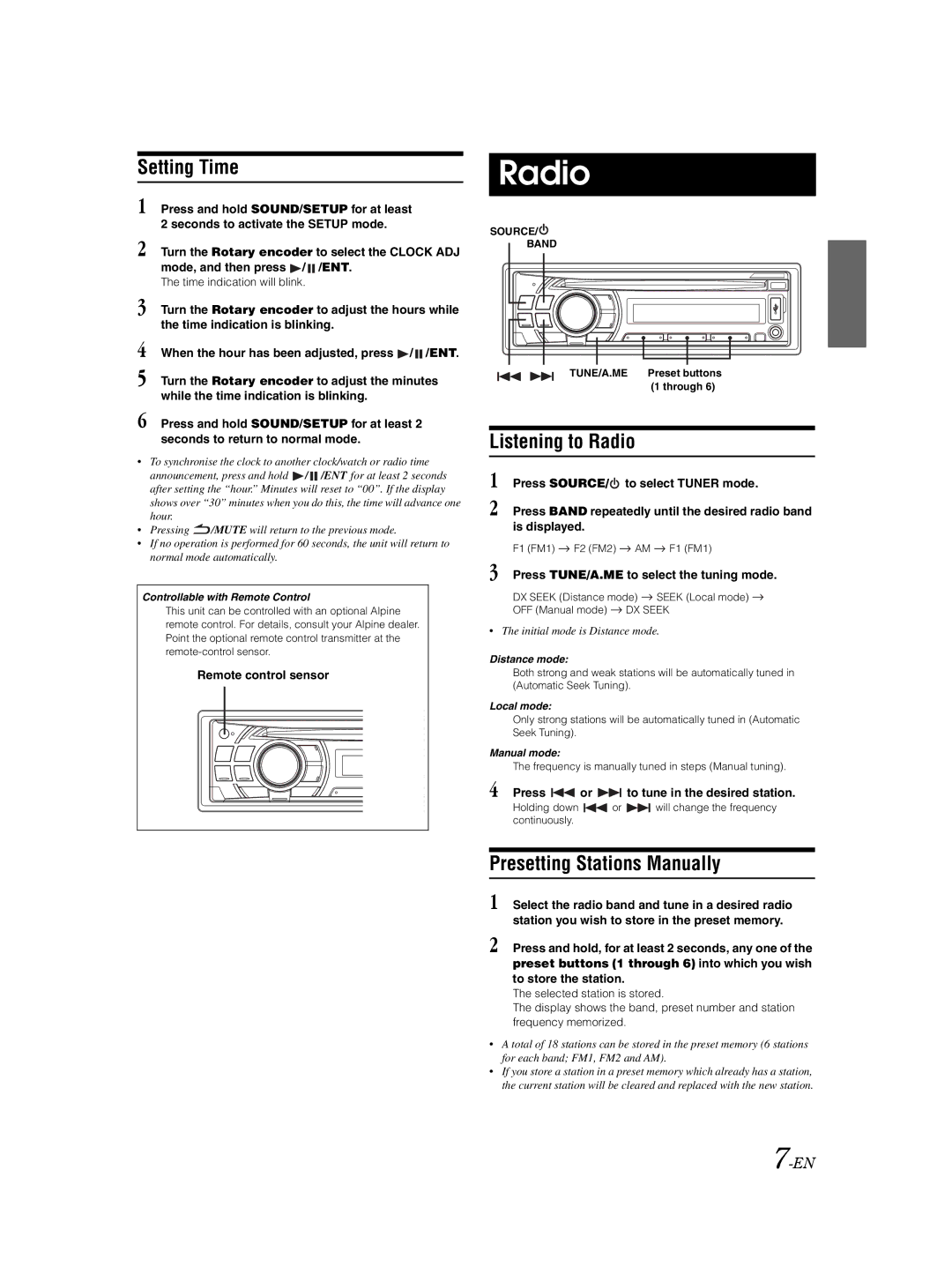 Alpine 68-14470Z98-A owner manual Setting Time, Listening to Radio, Presetting Stations Manually 