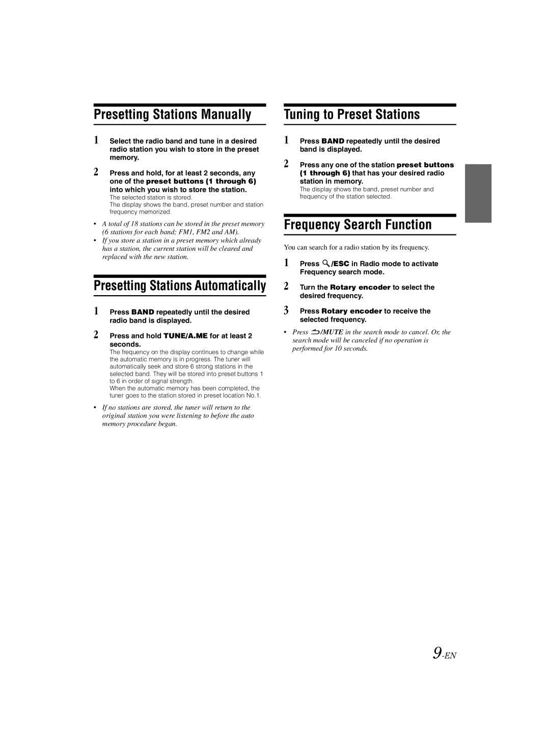 Alpine 68-16909Z79-A, CDE-121 Presetting Stations Manually, Tuning to Preset Stations, Frequency Search Function 