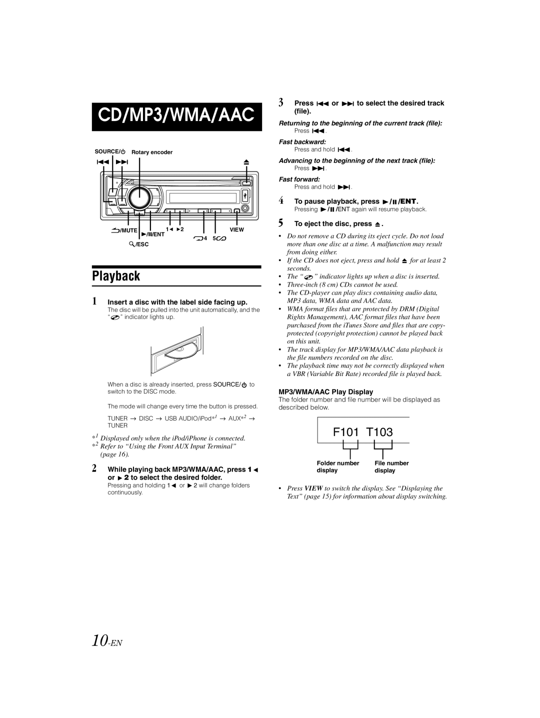 Alpine CDE-121, 68-16909Z79-A owner manual Playback, 10-EN 