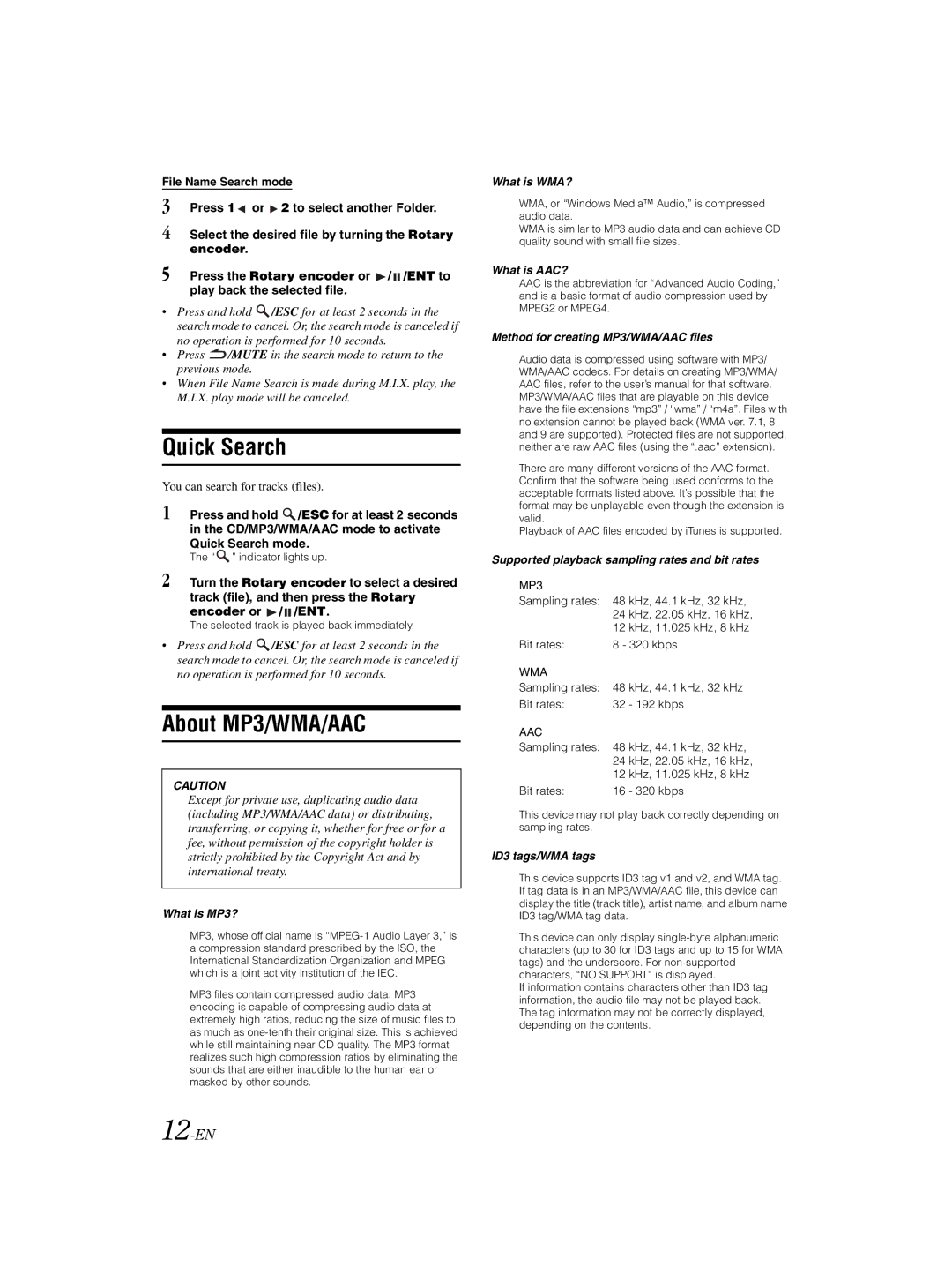 Alpine CDE-121, 68-16909Z79-A owner manual Quick Search, About MP3/WMA/AAC, 12-EN 