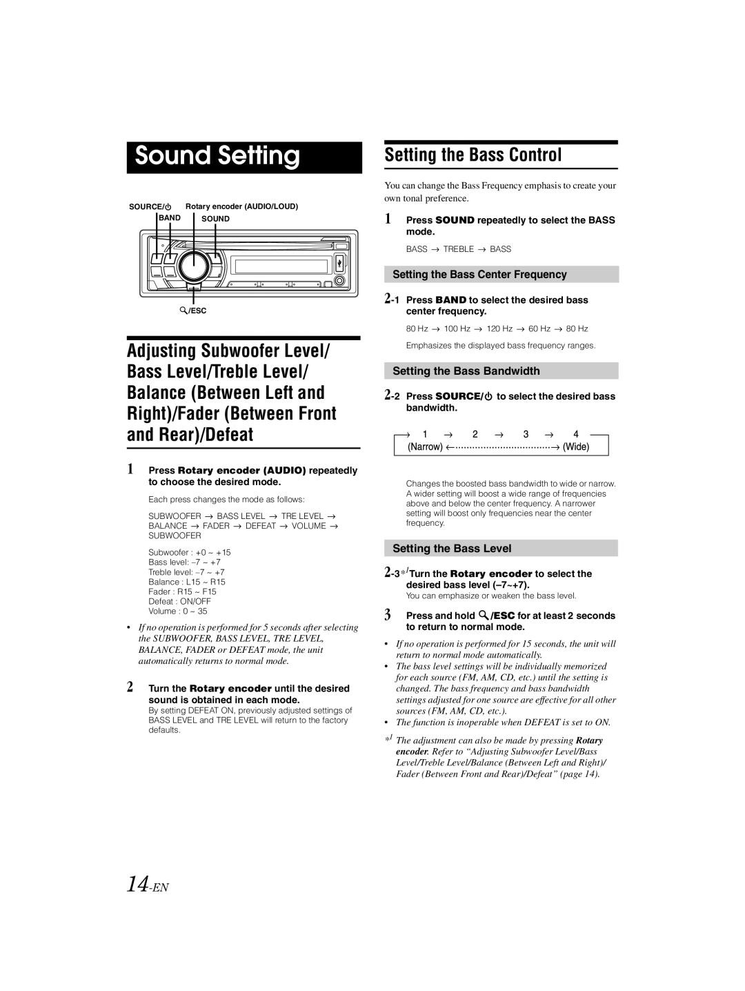 Alpine CDE-121 Sound Setting, Setting the Bass Control, Setting the Bass Center Frequency, Setting the Bass Bandwidth 