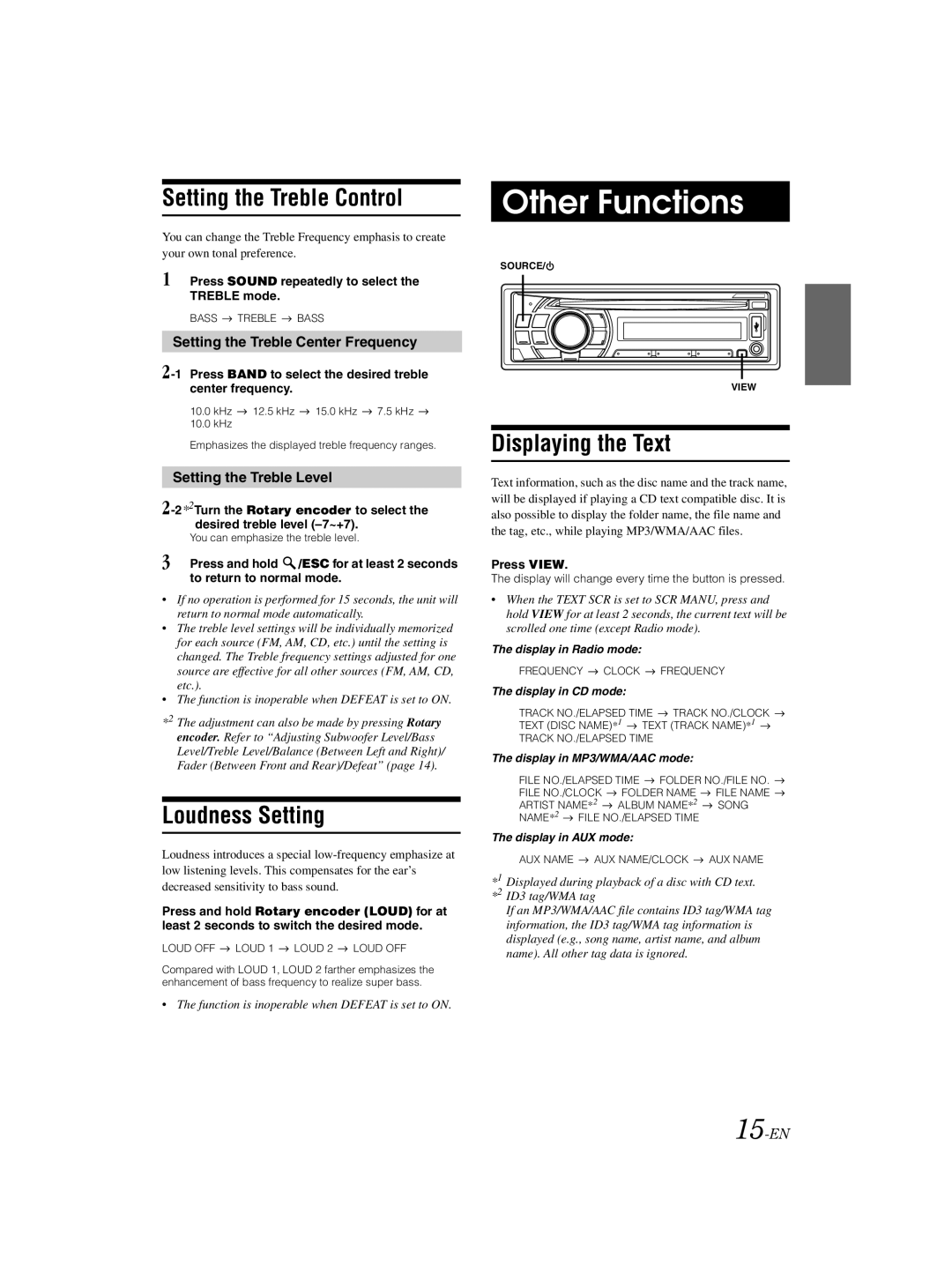 Alpine 68-16909Z79-A, CDE-121 Other Functions, Setting the Treble Control, Loudness Setting, Displaying the Text 