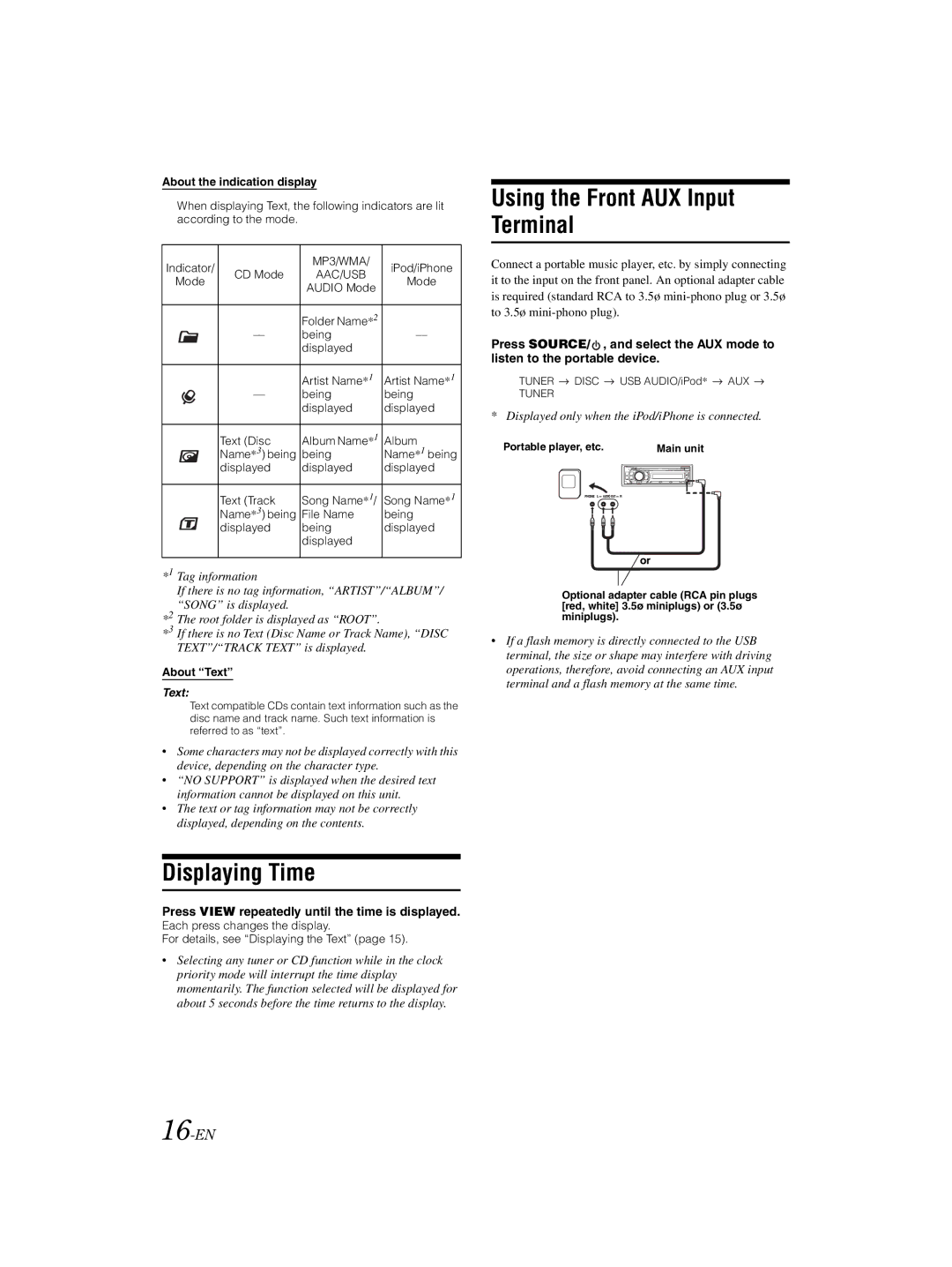 Alpine CDE-121, 68-16909Z79-A owner manual Displaying Time, Using the Front AUX Input Terminal, 16-EN, Text 