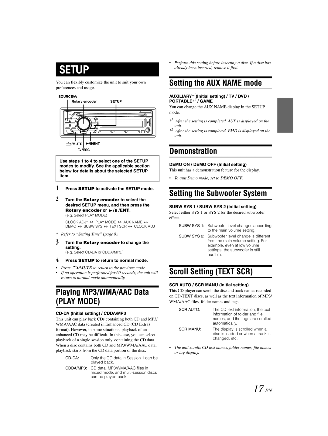 Alpine 68-16909Z79-A Playing MP3/WMA/AAC Data Play Mode, Setting the AUX Name mode, Demonstration, Scroll Setting Text SCR 