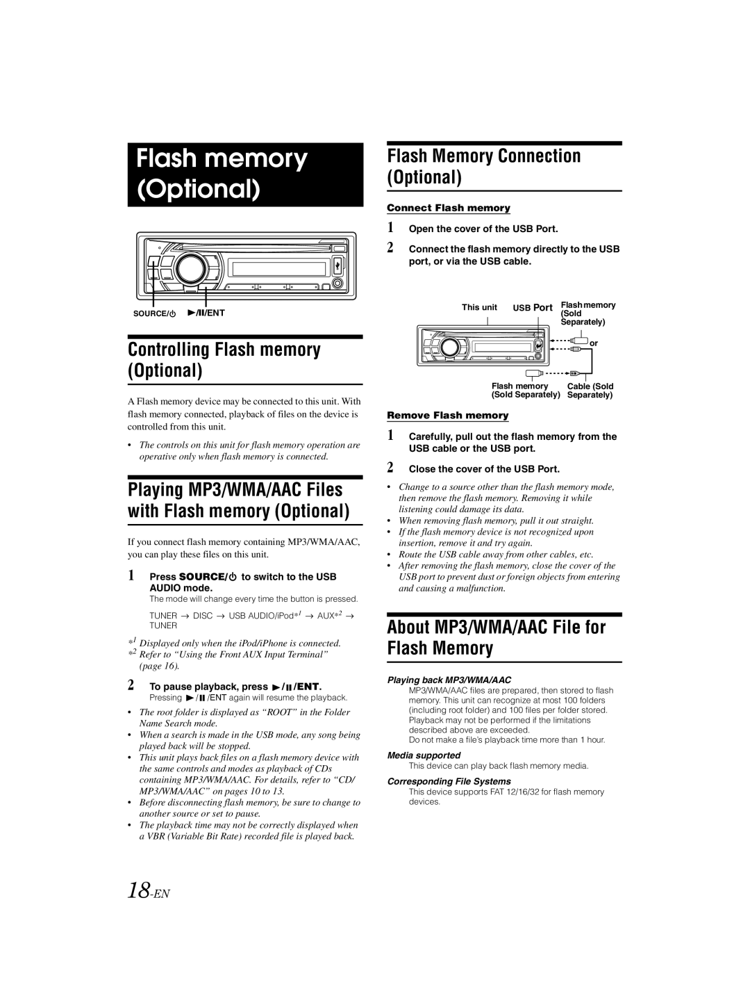 Alpine CDE-121, 68-16909Z79-A owner manual Controlling Flash memory Optional, Flash Memory Connection Optional 