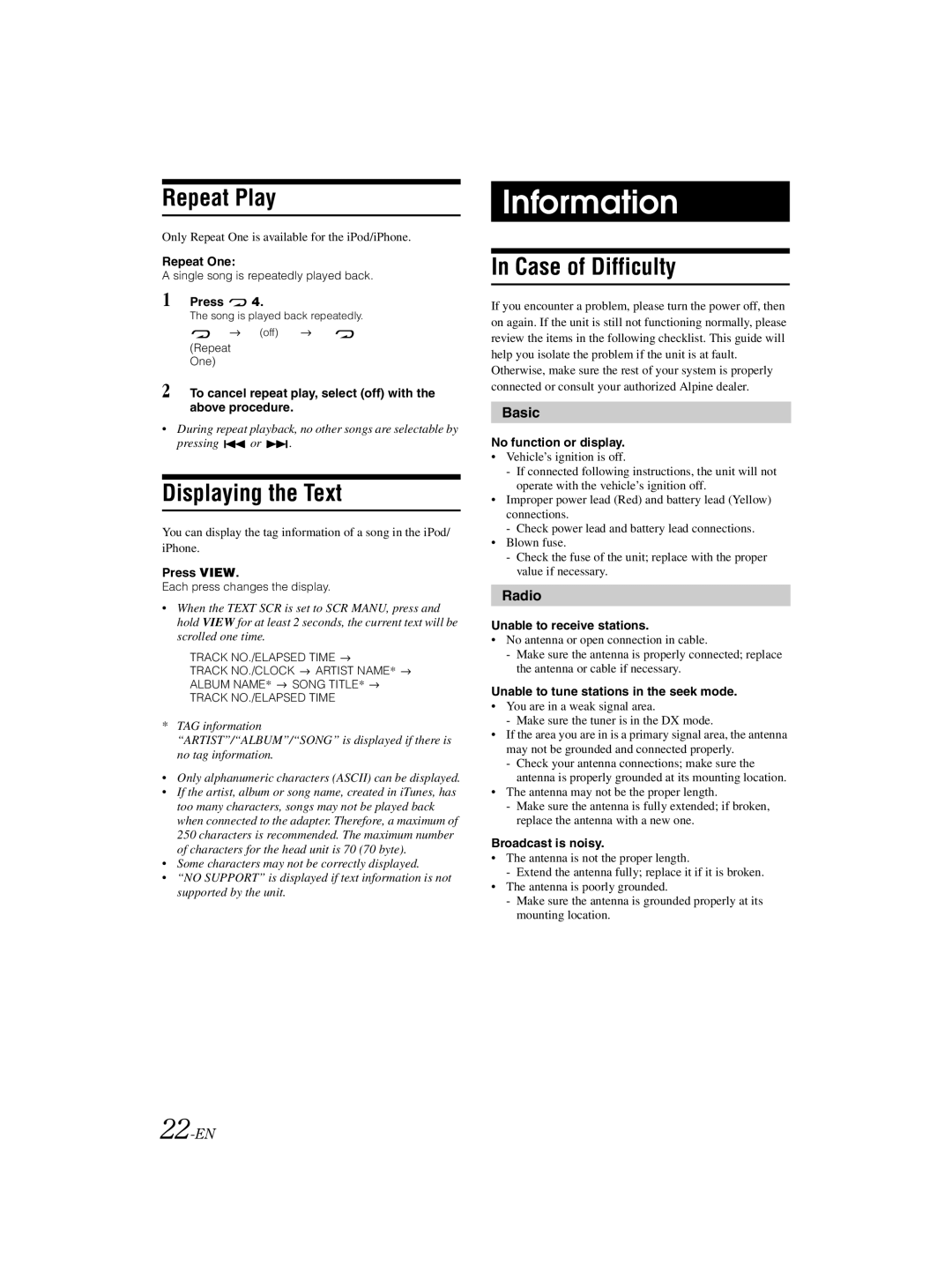 Alpine CDE-121, 68-16909Z79-A owner manual Information, Case of Difficulty, Basic, Radio, 22-EN 