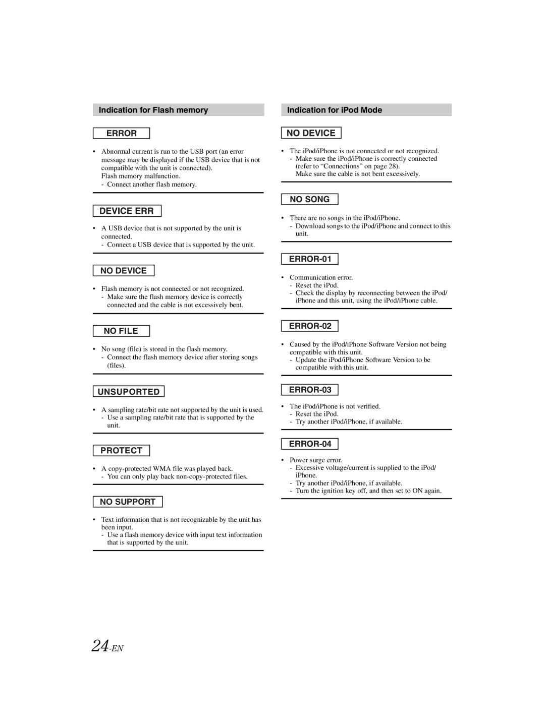 Alpine CDE-121, 68-16909Z79-A owner manual Indication for Flash memory Indication for iPod Mode, 24-EN 