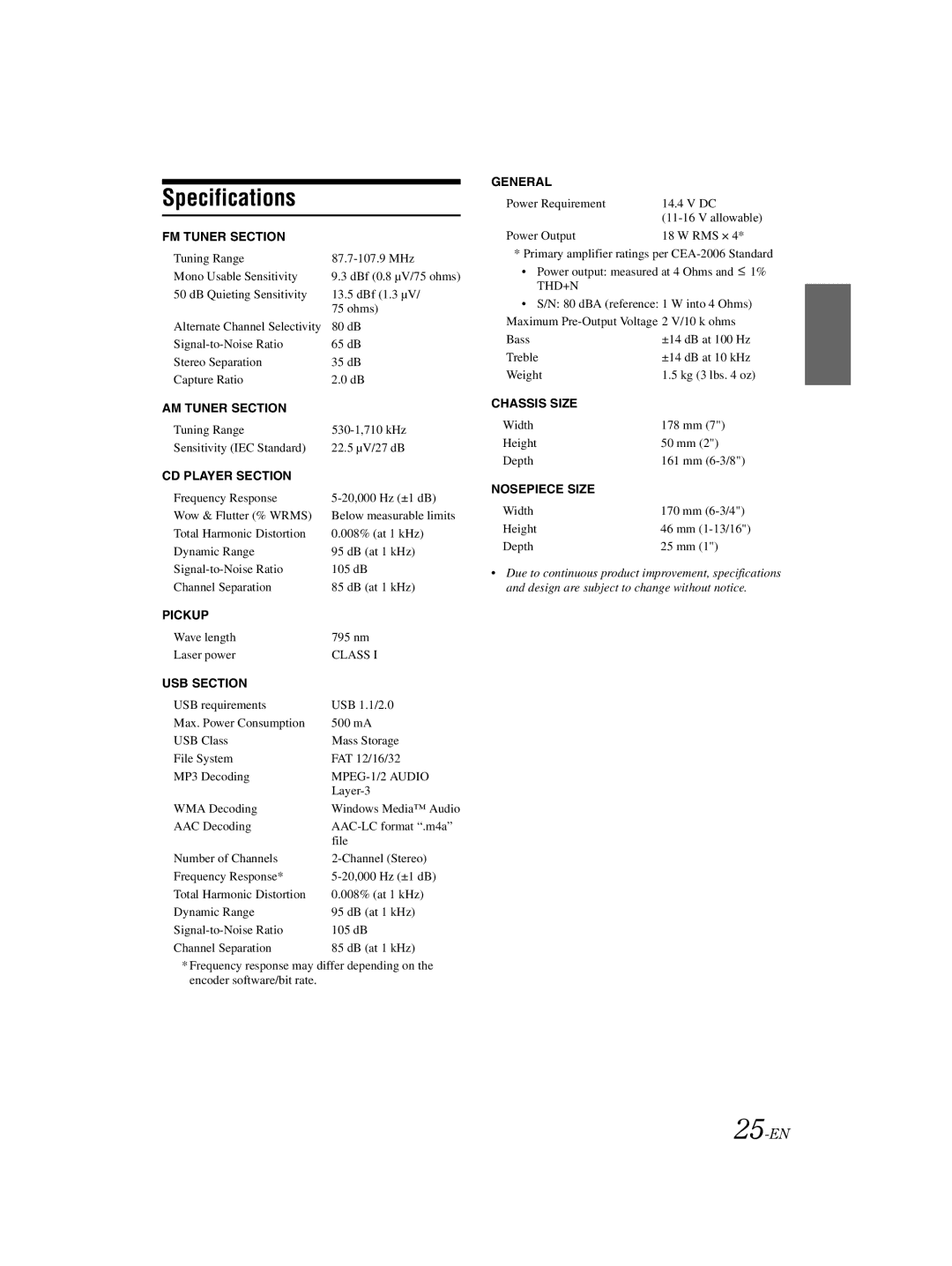 Alpine 68-16909Z79-A, CDE-121 owner manual Specifications, 25-EN 