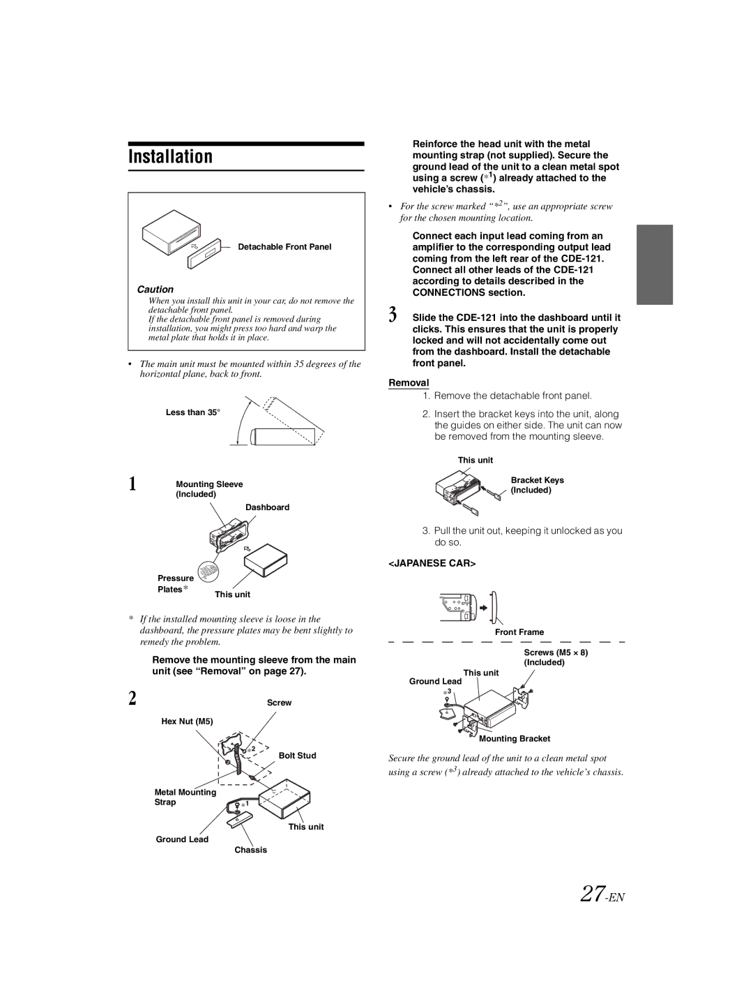 Alpine 68-16909Z79-A, CDE-121 Installation, 27-EN, Pull the unit out, keeping it unlocked as you do so, Japanese CAR 