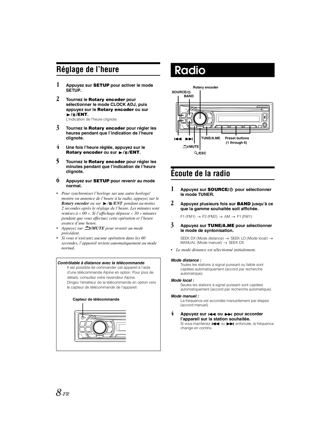 Alpine 68-16909Z79-A, CDE-121 owner manual Réglage de l’heure, Écoute de la radio 