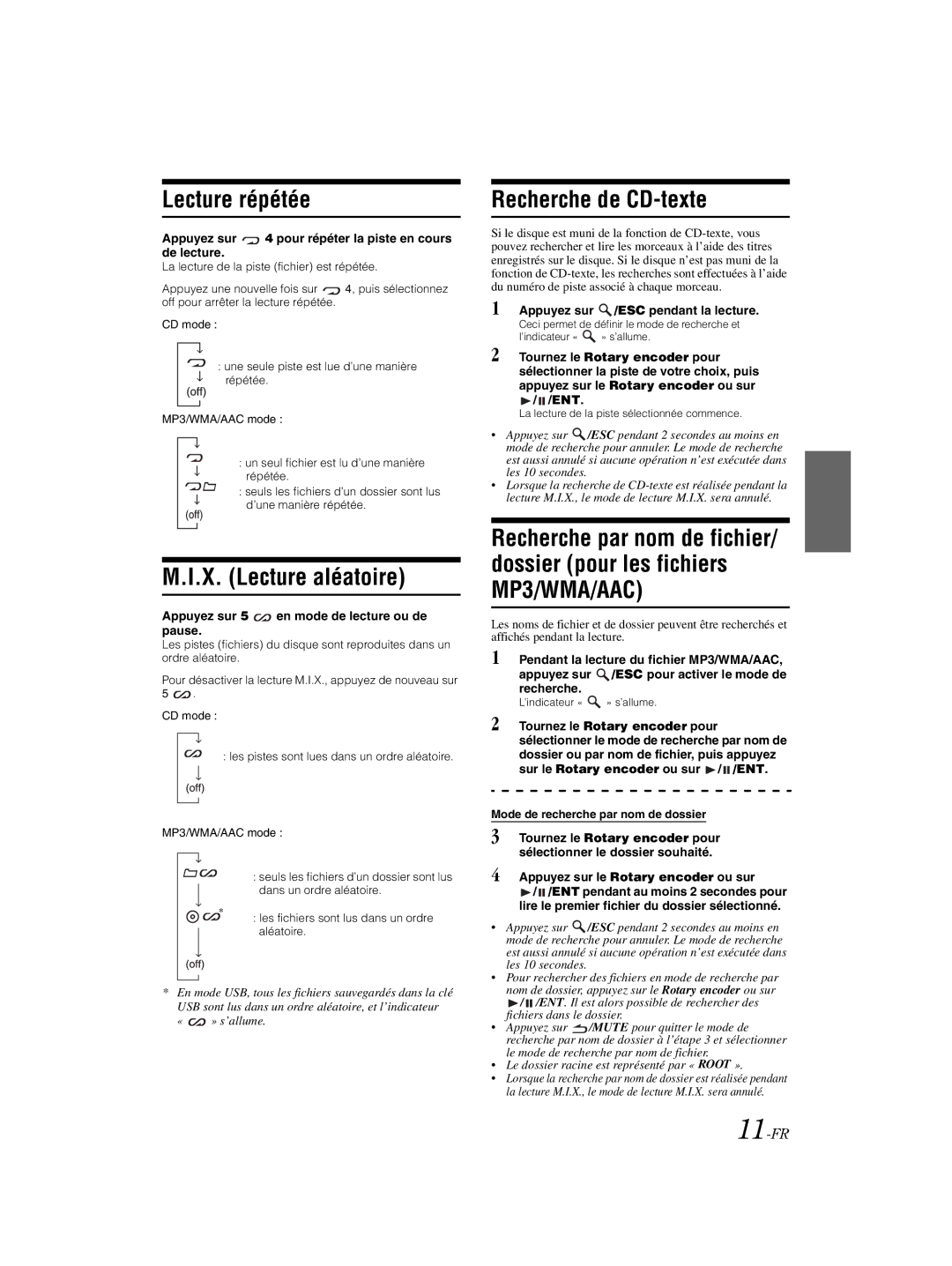 Alpine CDE-121, 68-16909Z79-A owner manual Lecture répétée, X. Lecture aléatoire, Recherche de CD-texte, 11-FR 