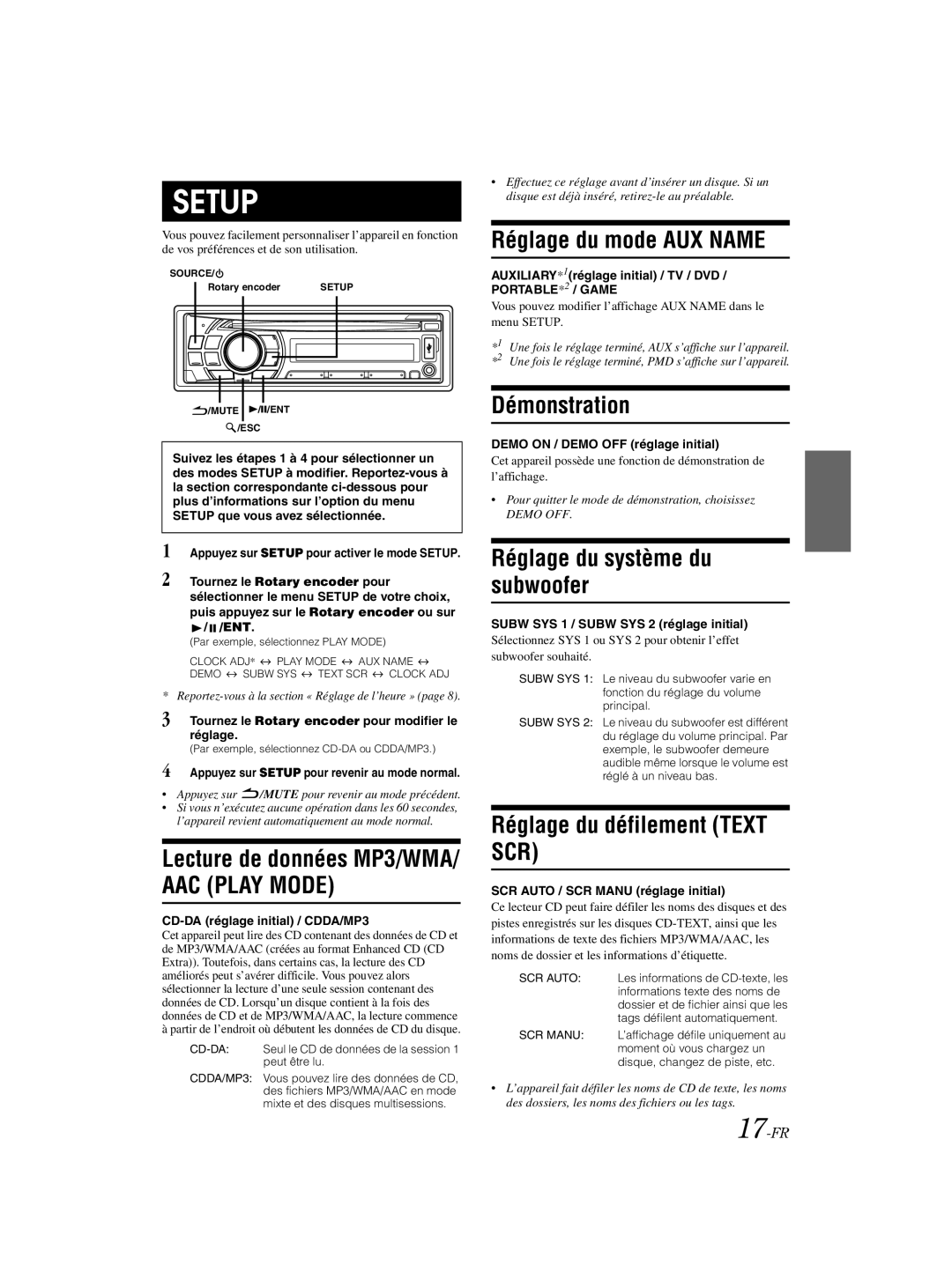 Alpine CDE-121 Lecture de données MP3/WMA, Réglage du mode AUX Name, Démonstration, Réglage du système du subwoofer 