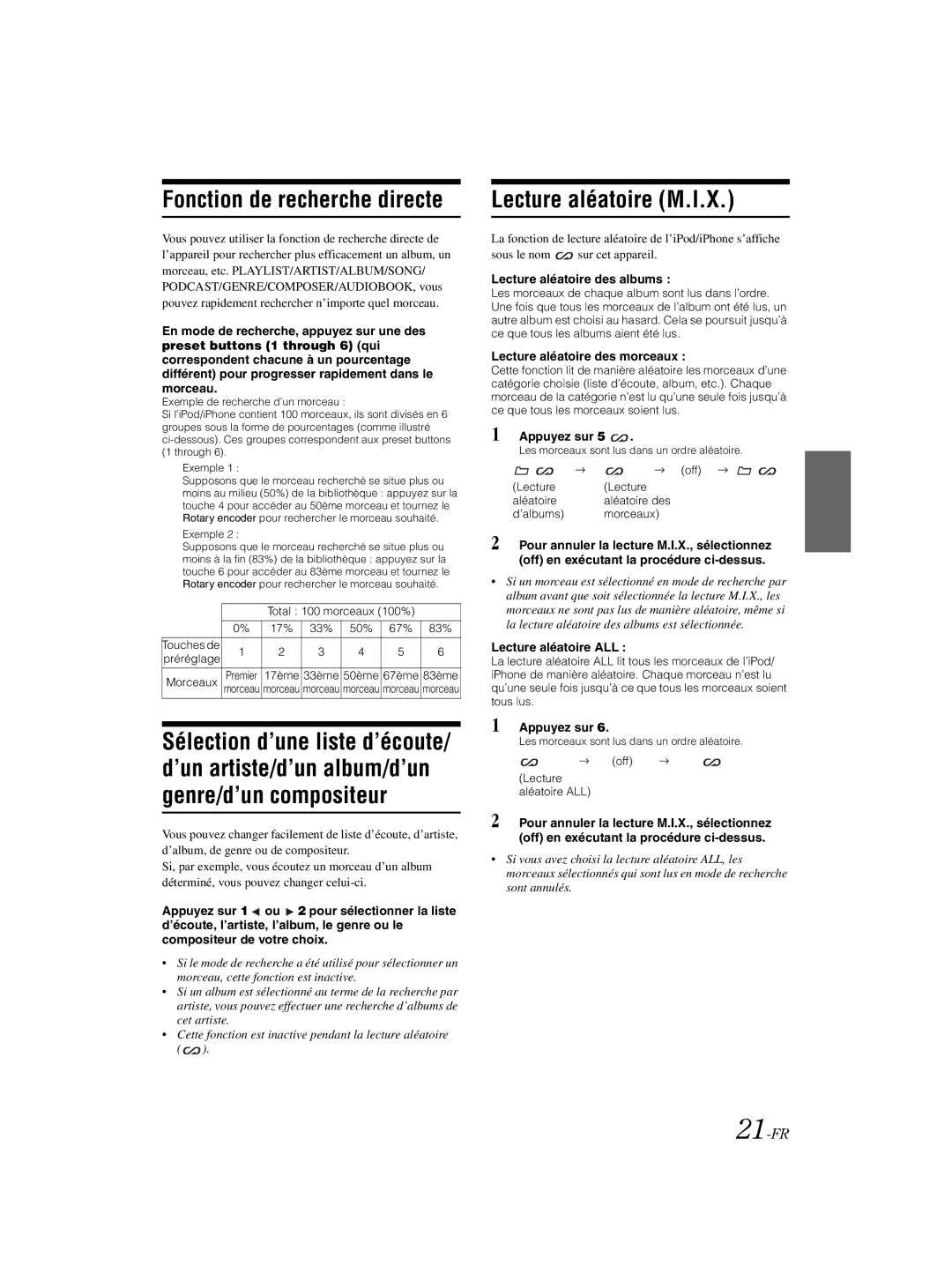 Alpine CDE-121, 68-16909Z79-A owner manual Fonction de recherche directe, Lecture aléatoire M.I.X, 21-FR 