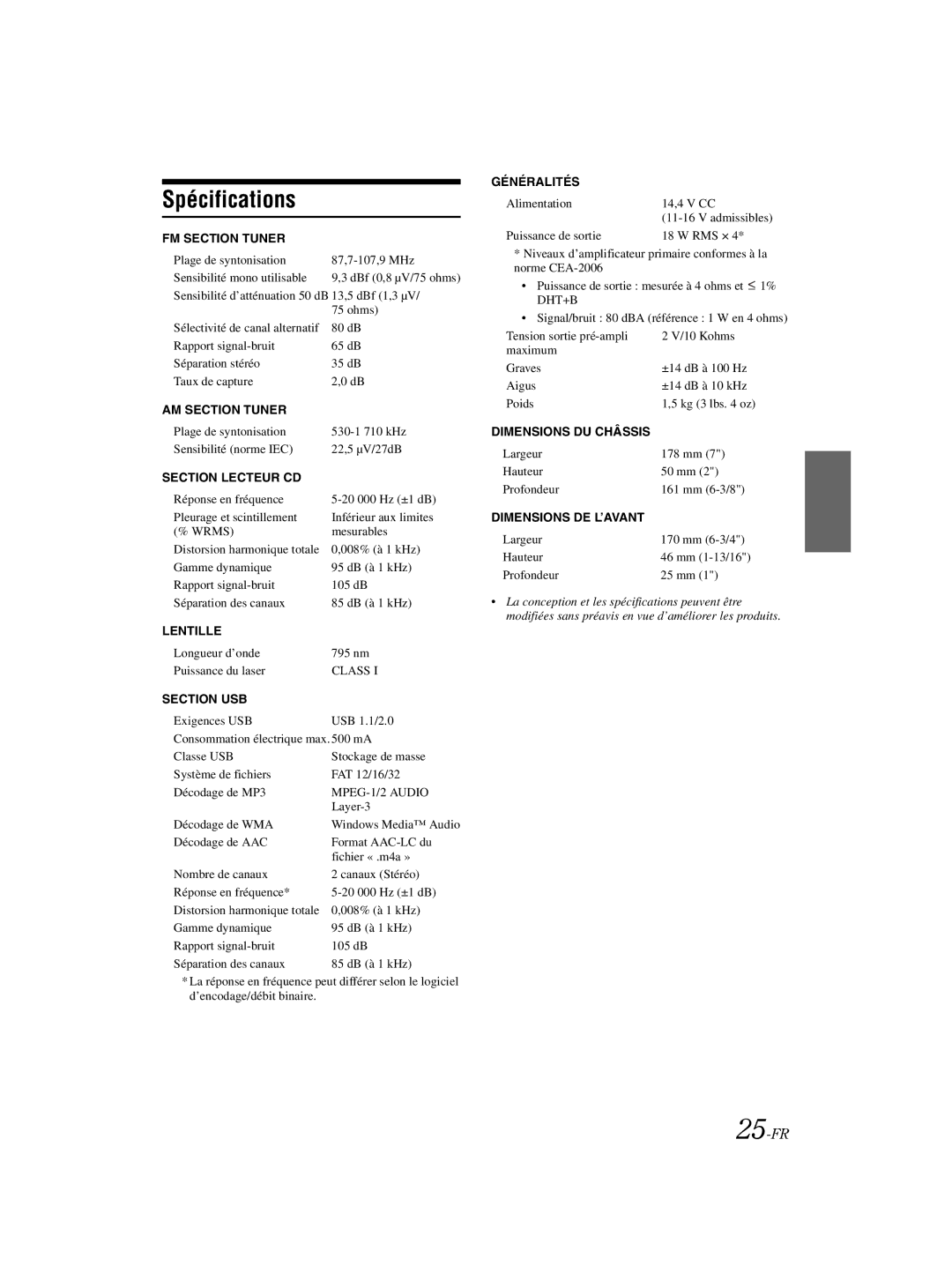 Alpine CDE-121, 68-16909Z79-A owner manual Spécifications, 25-FR 