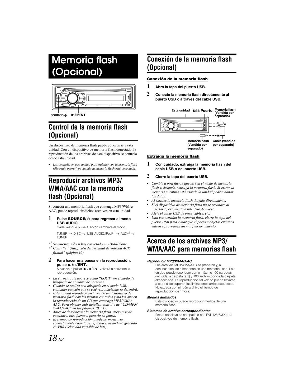 Alpine CDE-121 Memoria flash Opcional, Control de la memoria flash Opcional, Conexión de la memoria flash Opcional, 18-ES 