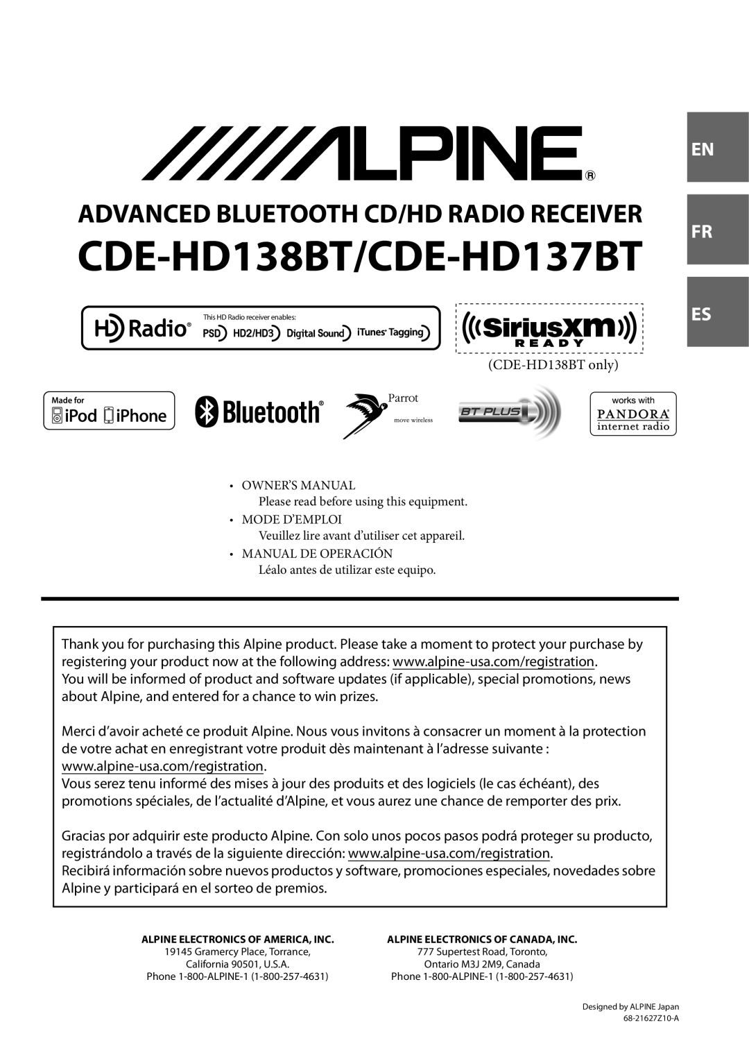 Alpine 68-21627Z10-A owner manual CDE-HD138BT/CDE-HD137BT 