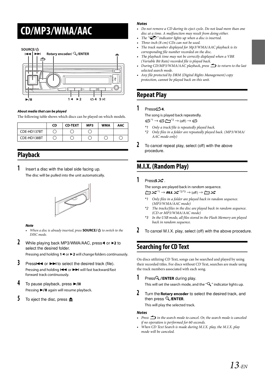 Alpine 68-21627Z10-A owner manual Playback, Repeat Play, X. Random Play, Searching for CD Text, 13-EN 