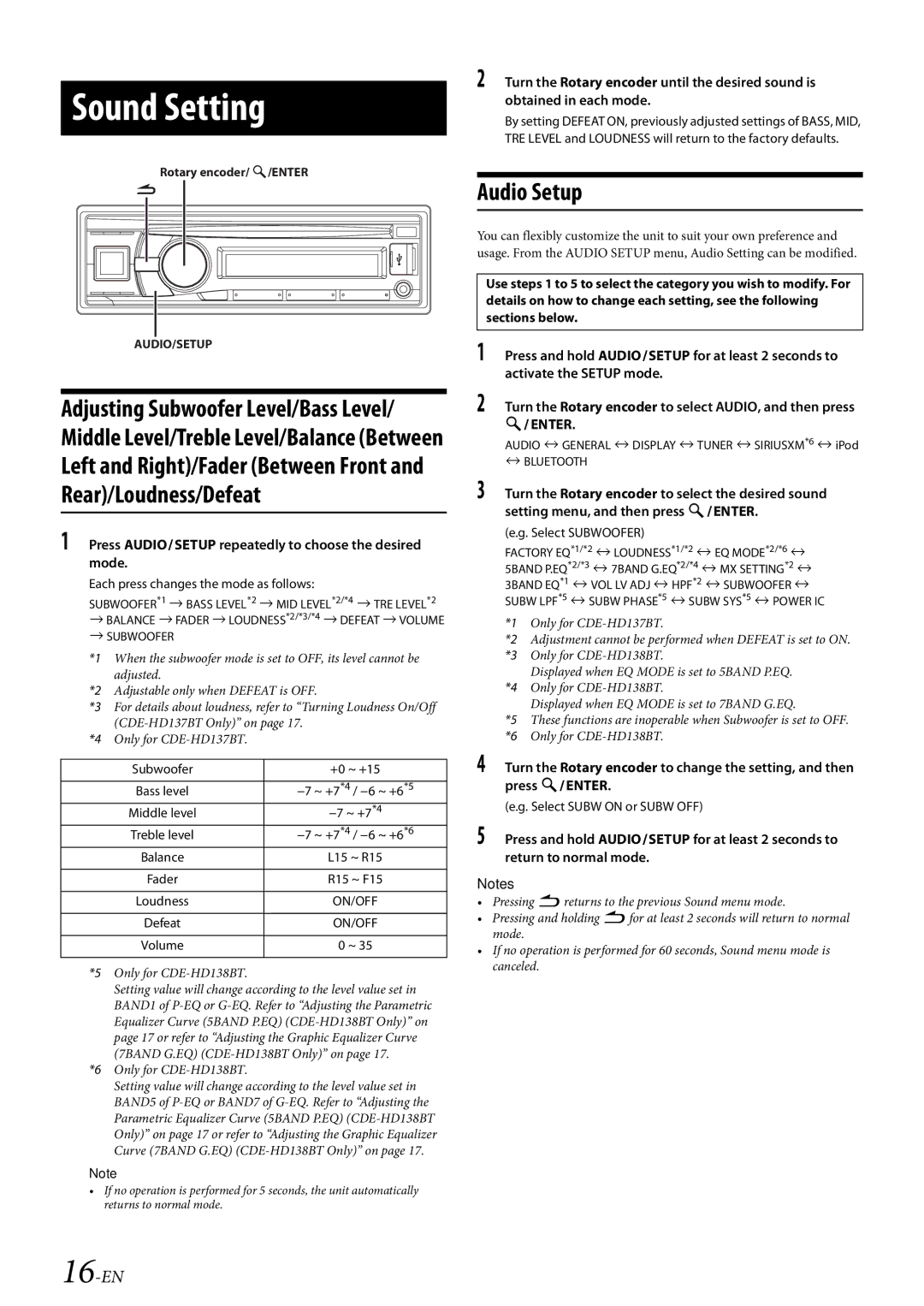 Alpine 68-21627Z10-A owner manual Sound Setting, Rear/Loudness/Defeat, Audio Setup, Left and Right/Fader Between Front 