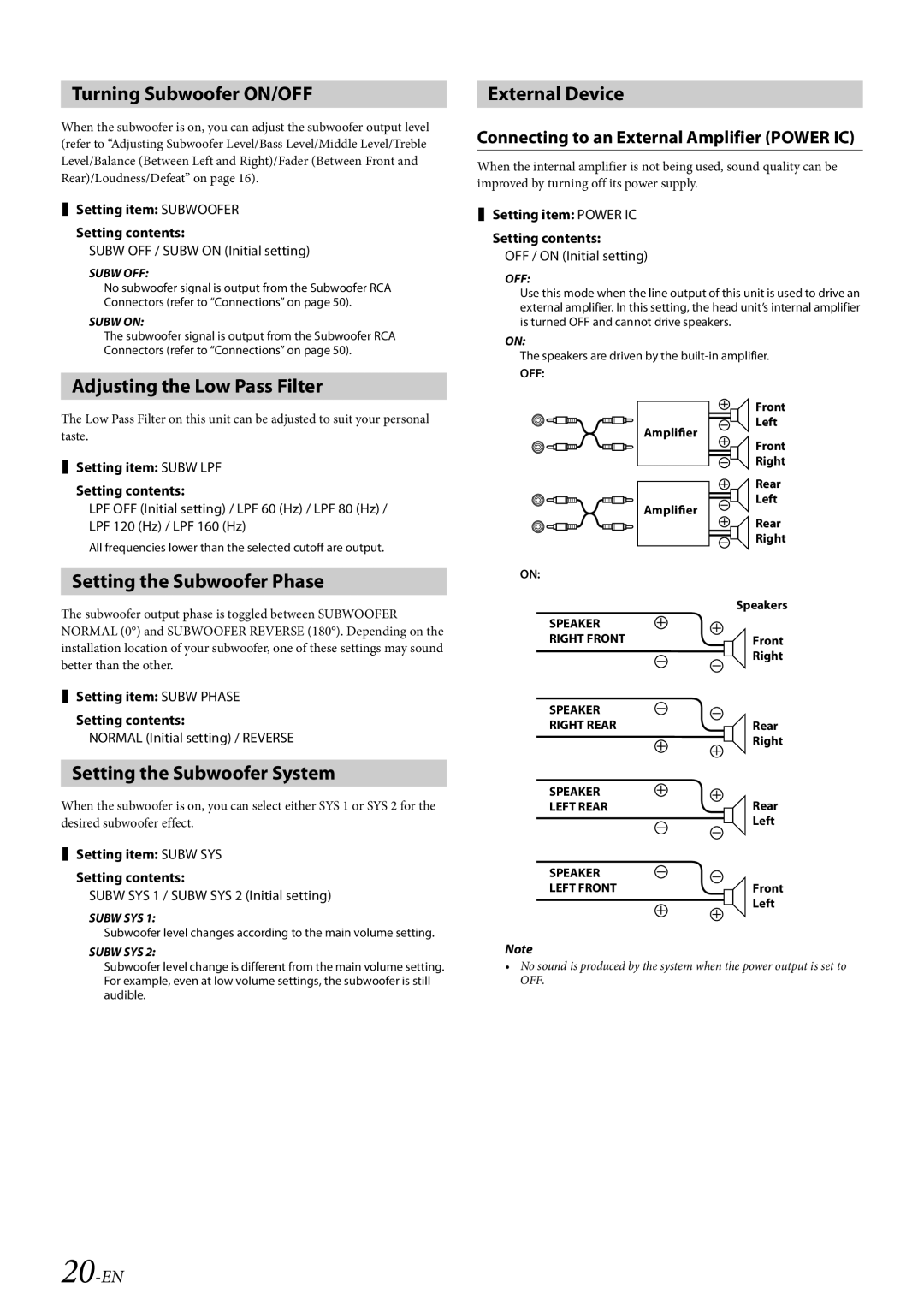 Alpine 68-21627Z10-A Turning Subwoofer ON/OFF, Adjusting the Low Pass Filter, Setting the Subwoofer Phase, External Device 