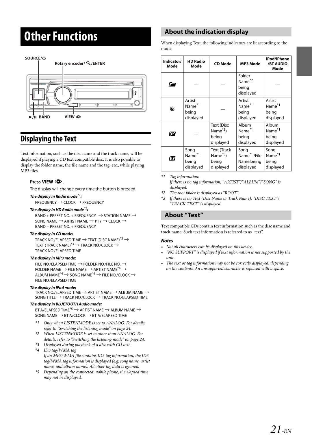 Alpine 68-21627Z10-A owner manual Other Functions, Displaying the Text, About the indication display, About Text, 21-EN 