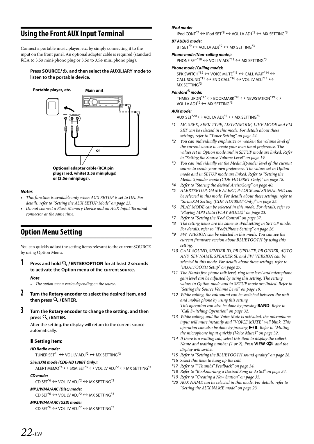 Alpine 68-21627Z10-A owner manual Using the Front AUX Input Terminal, Option Menu Setting, 22-EN,  Setting item 