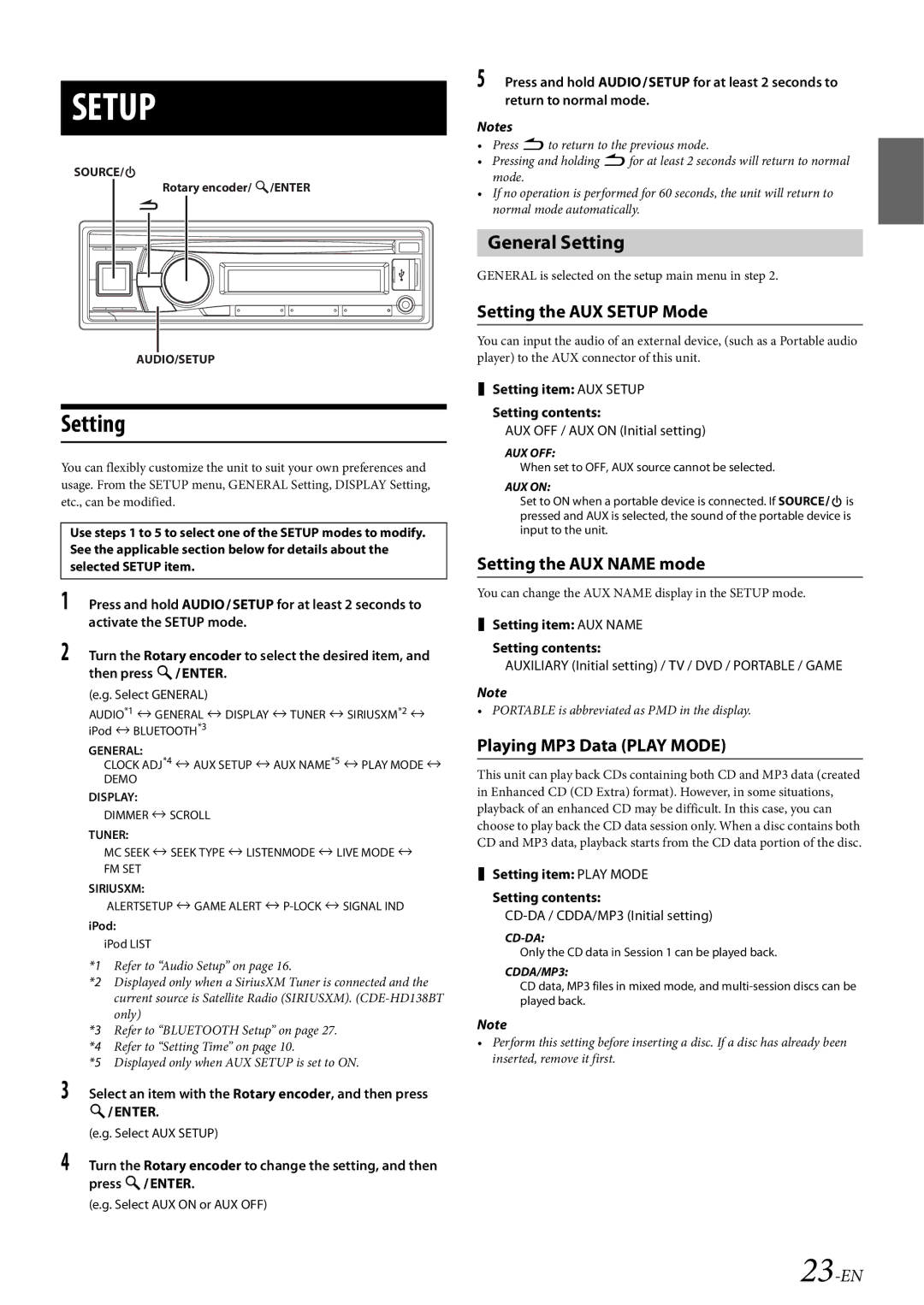 Alpine 68-21627Z10-A owner manual General Setting, Setting the AUX Setup Mode, Setting the AUX Name mode 