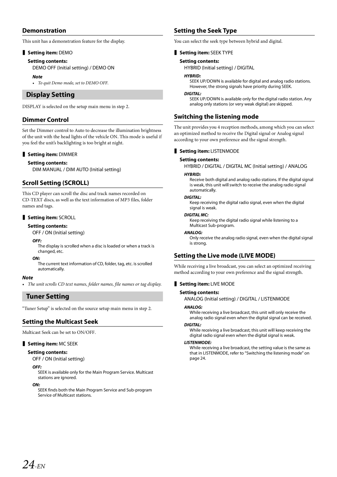 Alpine 68-21627Z10-A owner manual Display Setting, Tuner Setting 