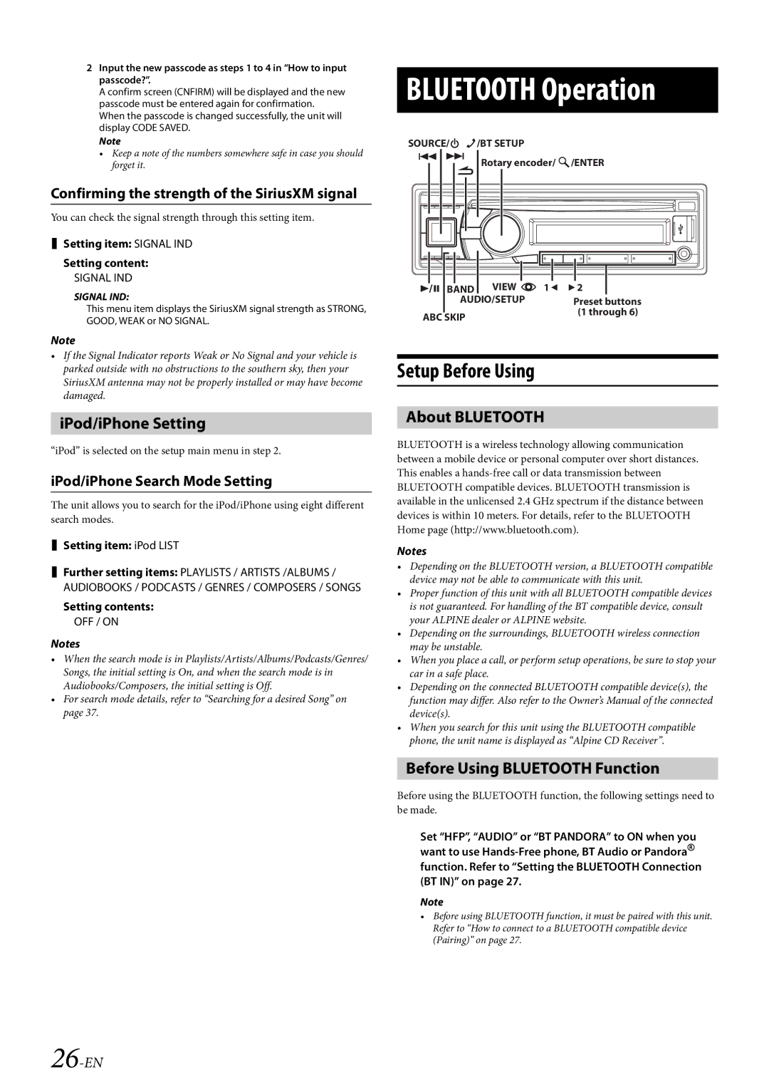 Alpine 68-21627Z10-A owner manual Bluetooth Operation, Setup Before Using, IPod/iPhone Setting, About Bluetooth 