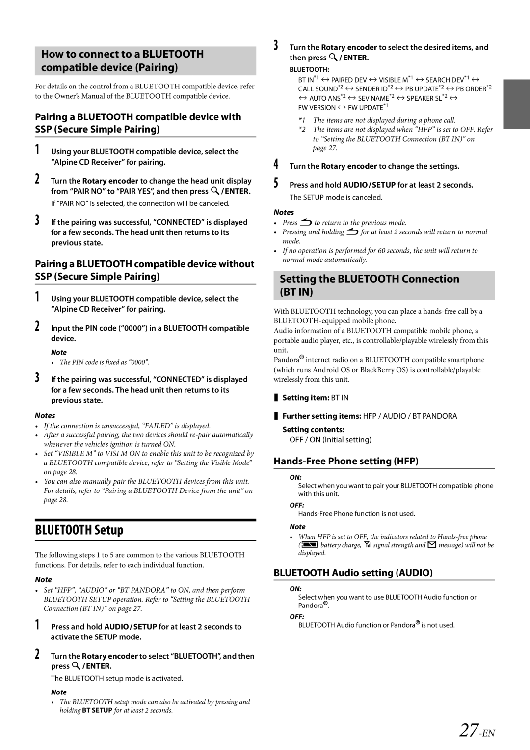 Alpine 68-21627Z10-A owner manual Bluetooth Setup, Setting the Bluetooth Connection BT, Hands-Free Phone setting HFP, 27-EN 