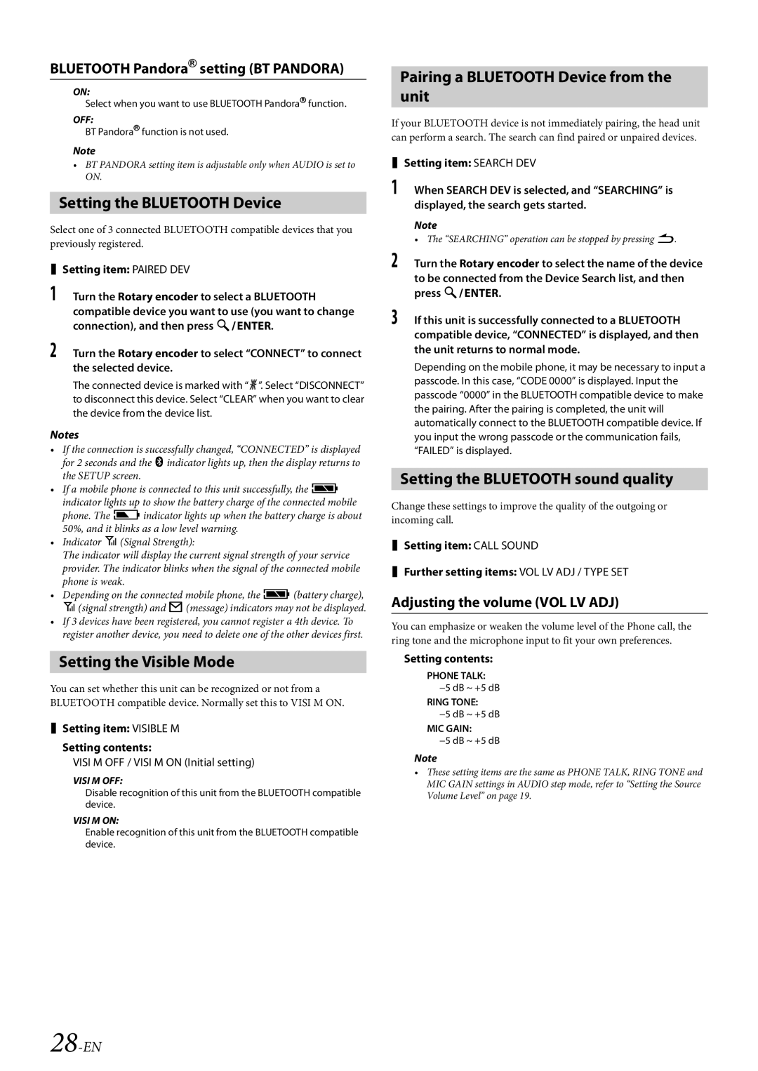 Alpine 68-21627Z10-A Setting the Bluetooth Device, Setting the Visible Mode, Pairing a Bluetooth Device from the unit 