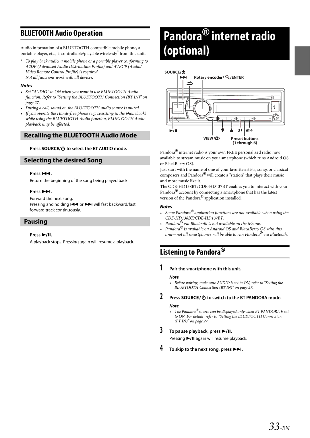 Alpine 68-21627Z10-A owner manual Pandora internet radio optional, Bluetooth Audio Operation, Listening to Pandora 