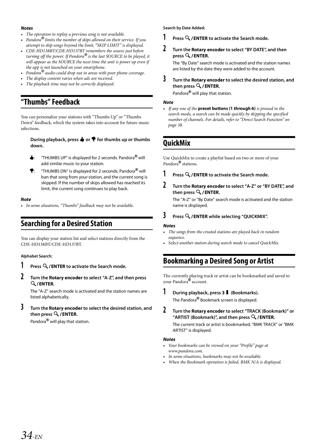 Alpine 68-21627Z10-A owner manual Thumbs Feedback, Searching for a Desired Station, QuickMix, 34-EN 