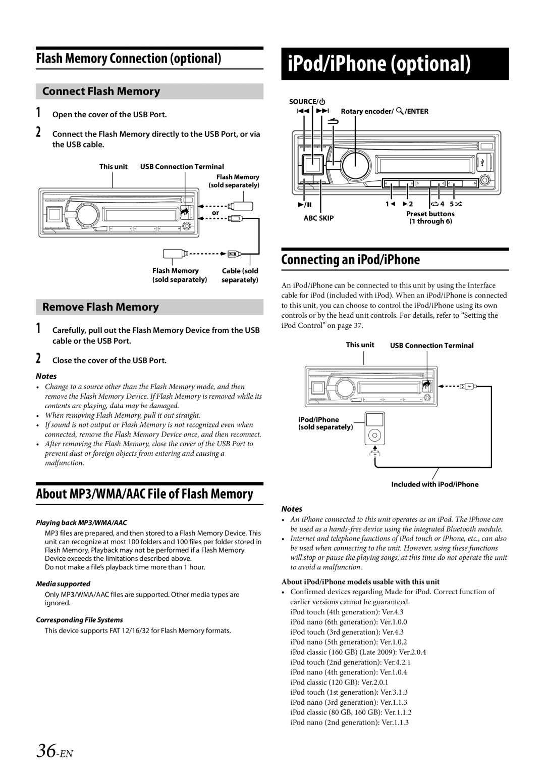 Alpine 68-21627Z10-A owner manual IPod/iPhone optional, Connecting an iPod/iPhone, Remove Flash Memory, 36-EN 