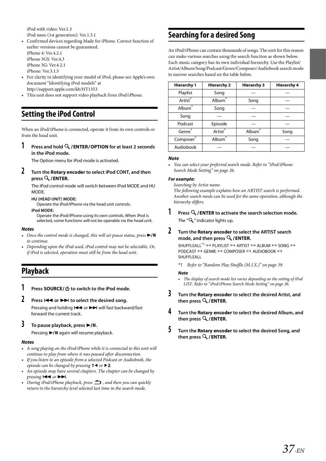 Alpine 68-21627Z10-A Setting the iPod Control, Searching for a desired Song, 37-EN, Refer to Random Play Shuffle M.I.X. on 