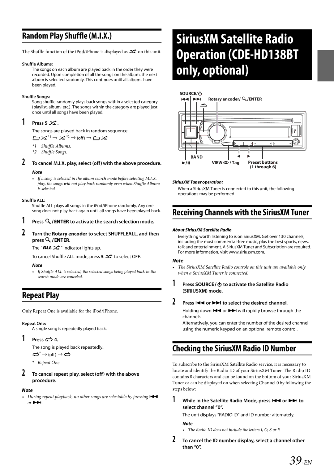 Alpine 68-21627Z10-A owner manual Random Play Shuffle M.I.X, Receiving Channels with the SiriusXM Tuner, 39-EN, Press 5 s 