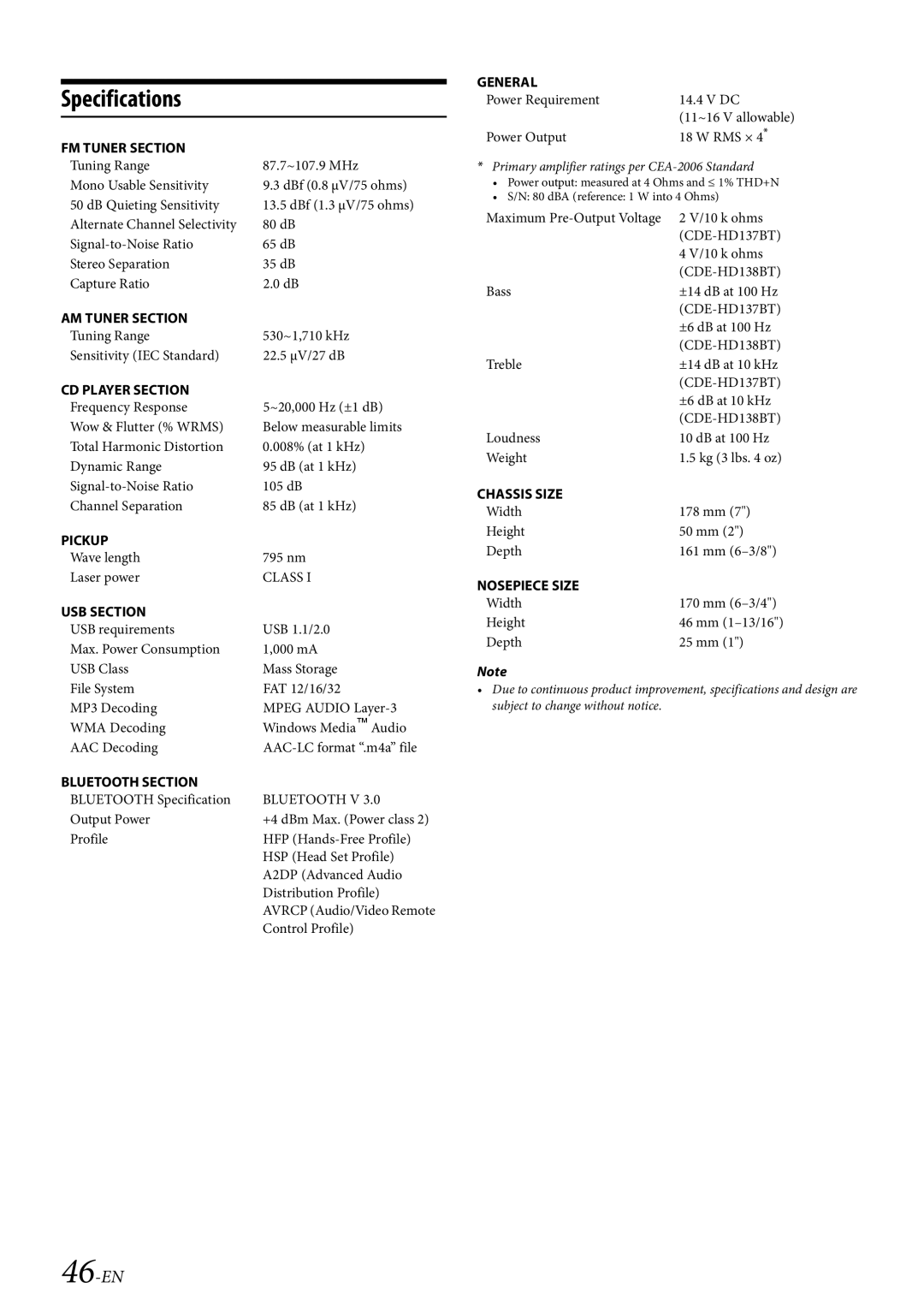 Alpine 68-21627Z10-A owner manual Specifications, 46-EN 