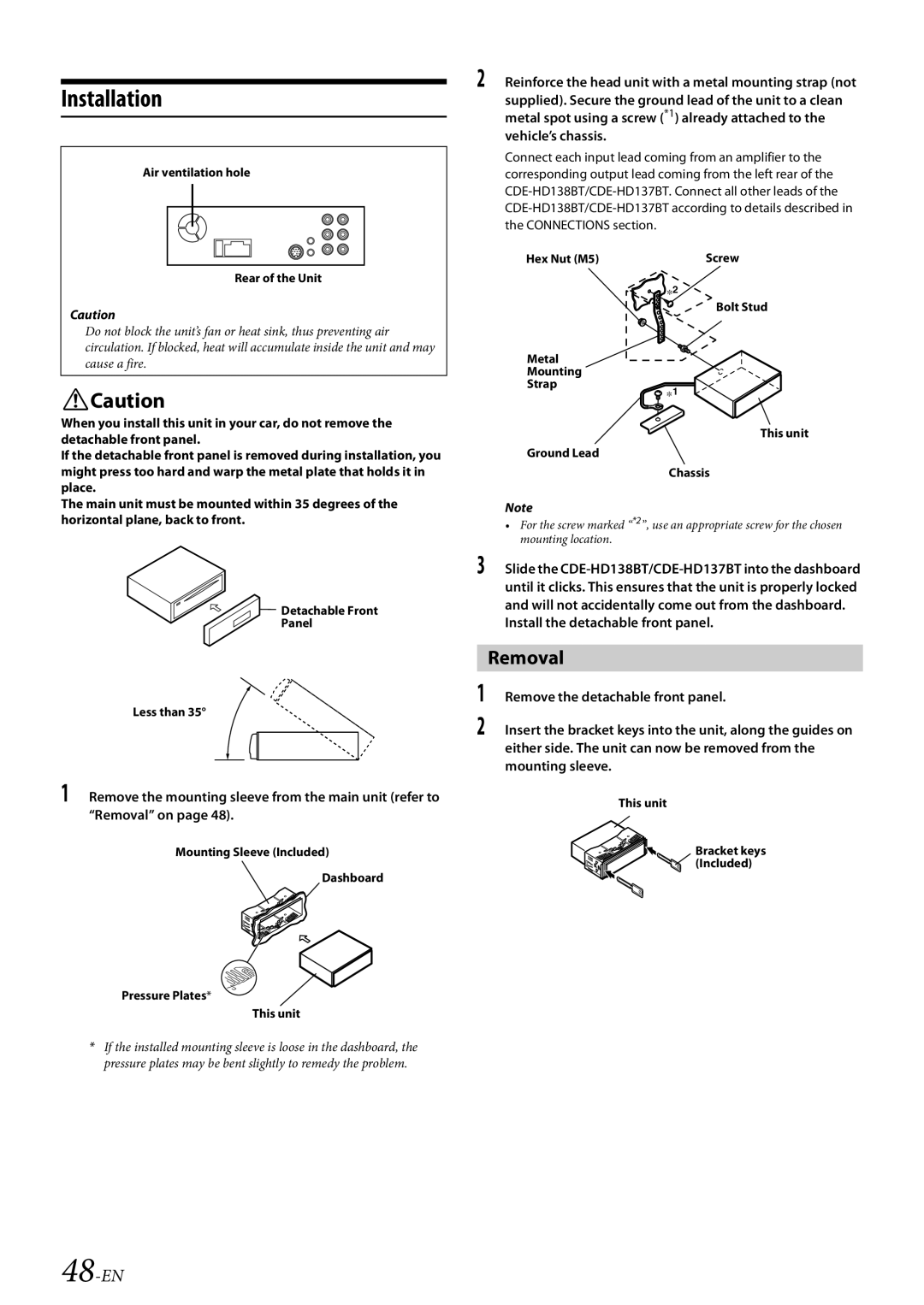 Alpine 68-21627Z10-A owner manual Installation, Removal, 48-EN 