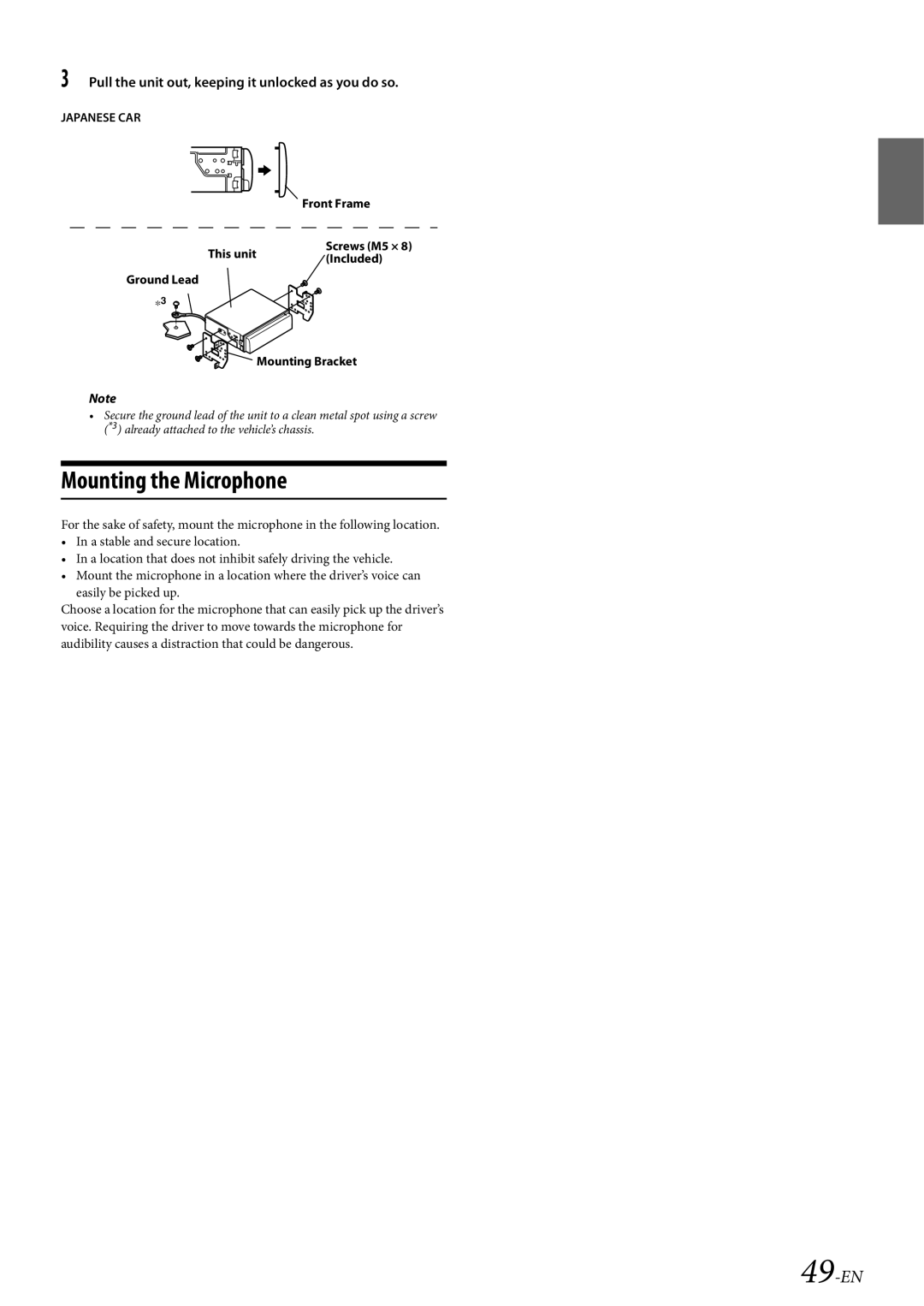 Alpine 68-21627Z10-A owner manual Mounting the Microphone, 49-EN, Pull the unit out, keeping it unlocked as you do so 