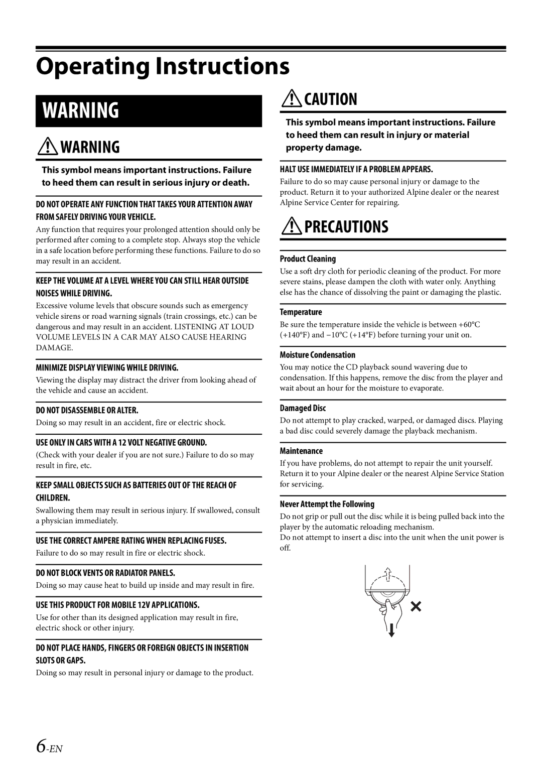 Alpine 68-21627Z10-A owner manual Doing so may result in an accident, fire or electric shock 