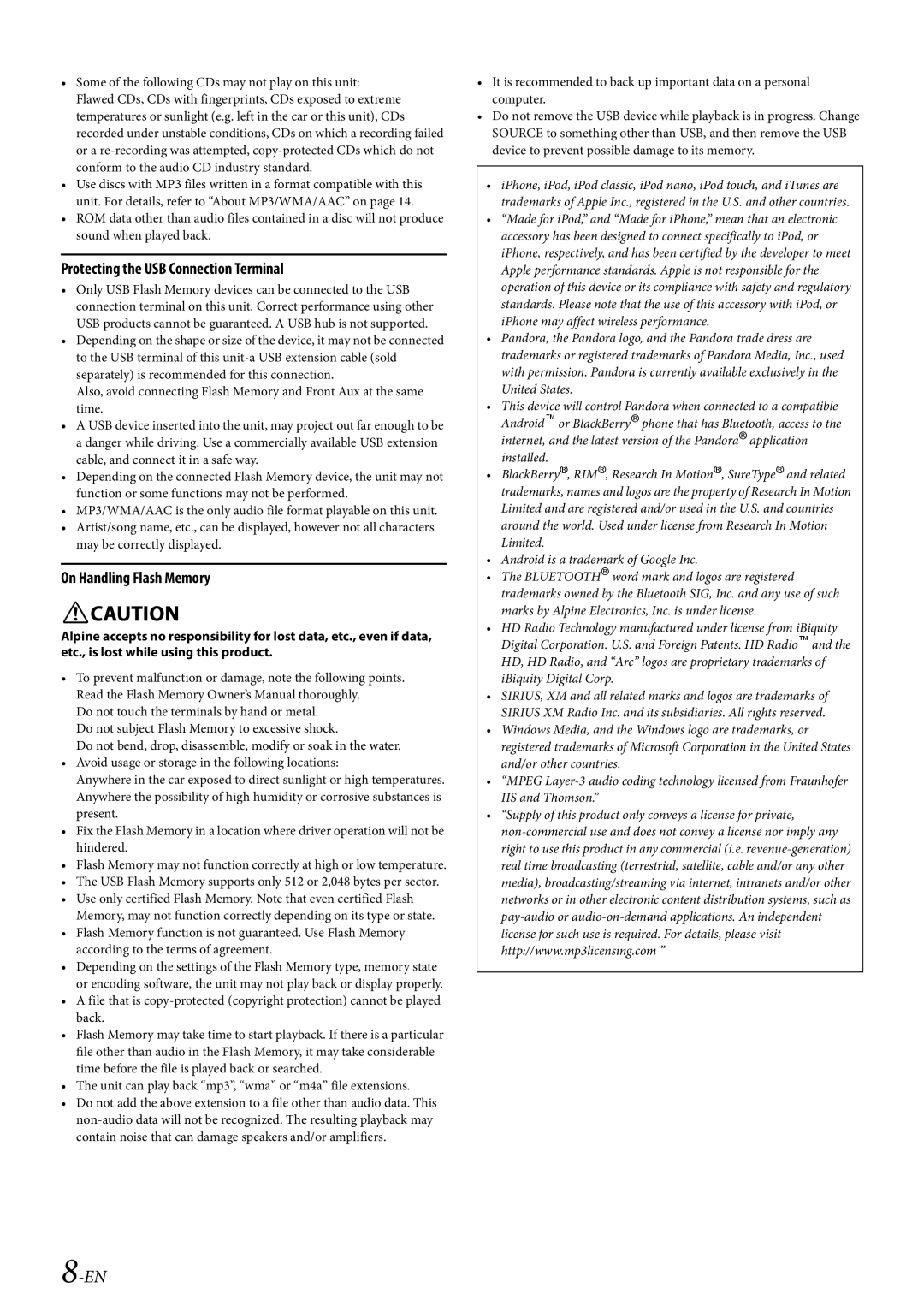 Alpine 68-21627Z10-A Protecting the USB Connection Terminal, Unit can play back mp3, wma or m4a file extensions 