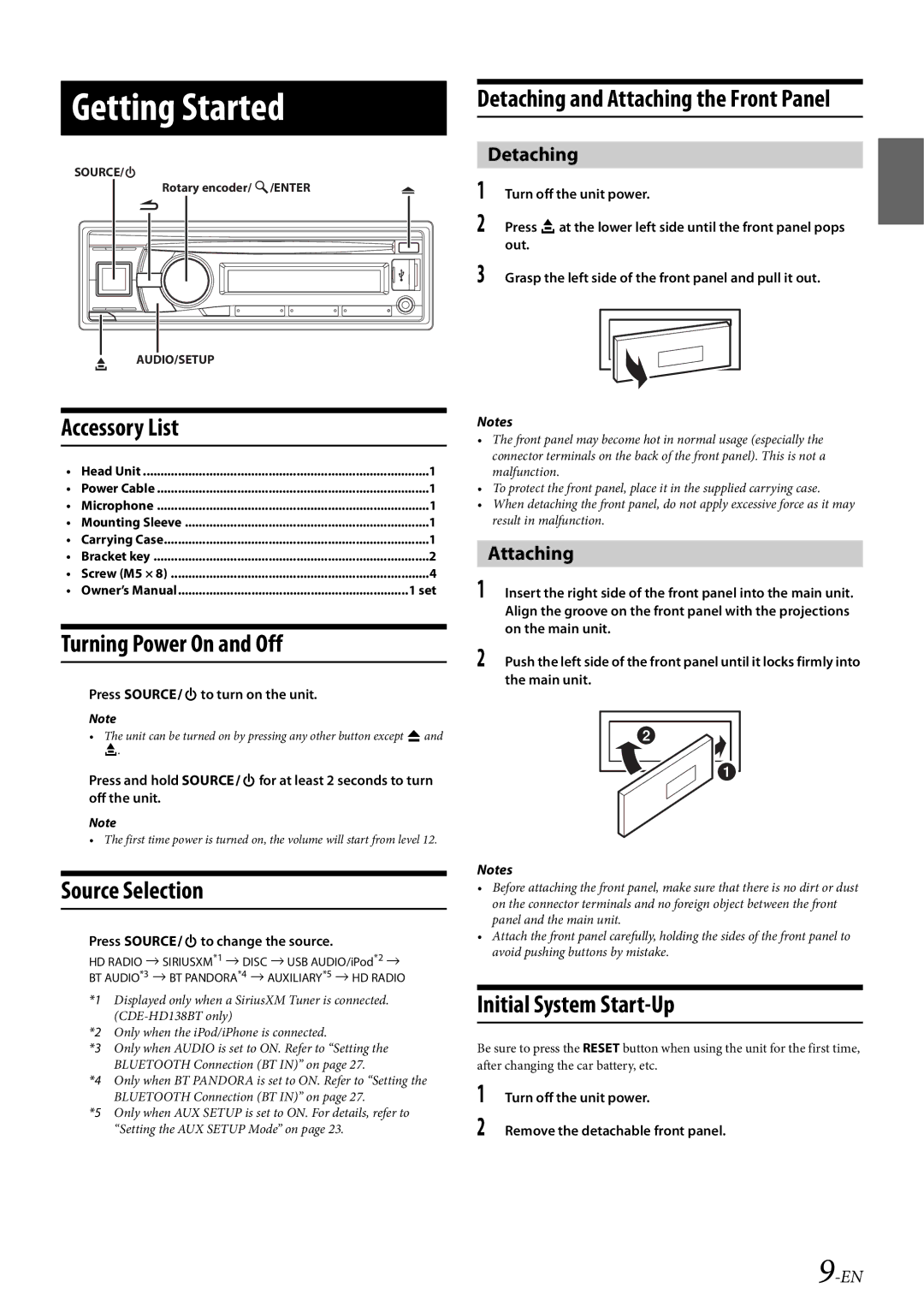 Alpine 68-21627Z10-A Getting Started, Accessory List, Turning Power On and Off, Source Selection, Initial System Start-Up 